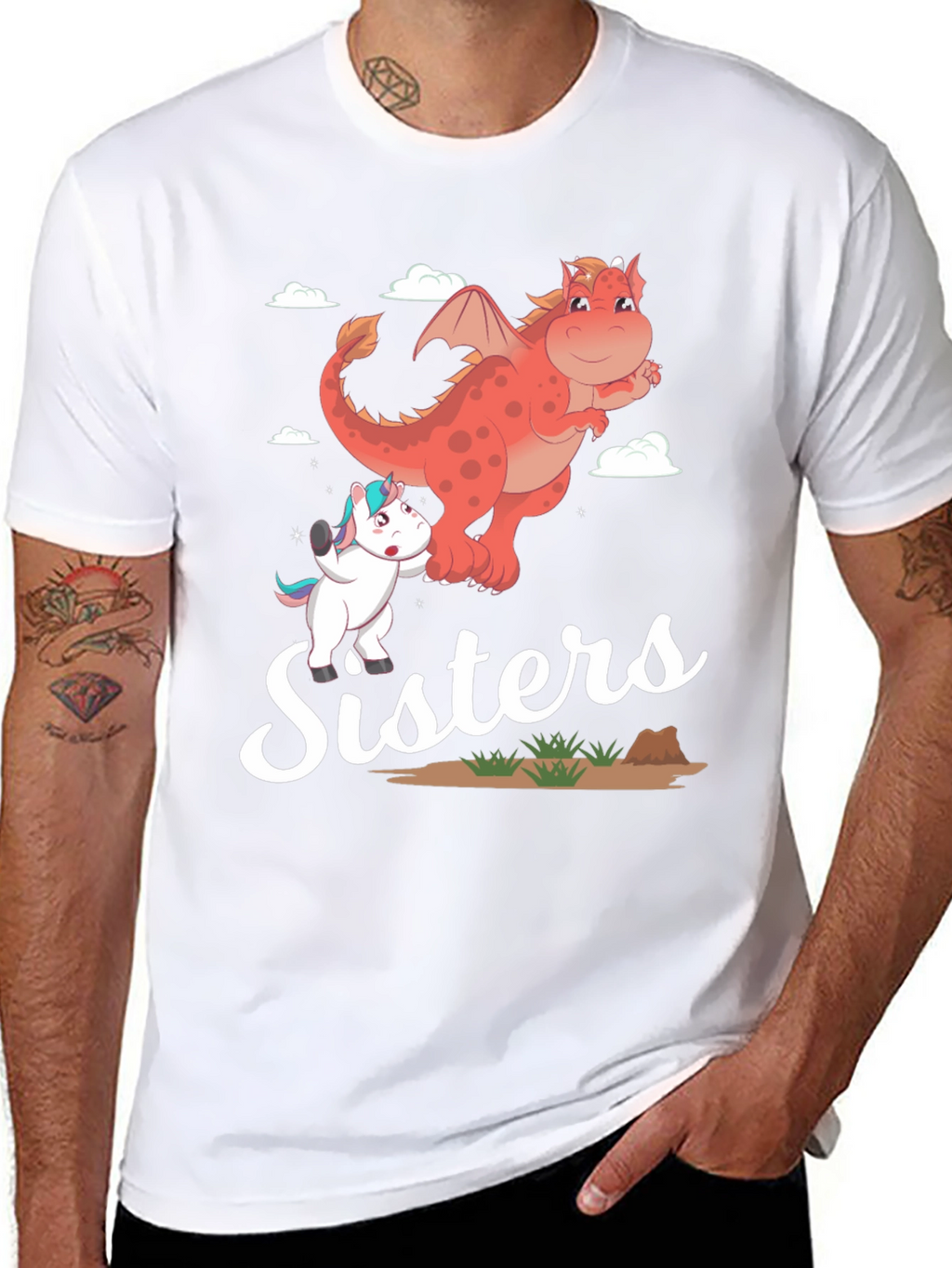 Sisters Unicorn and Dragon Cartoon T-Shirt