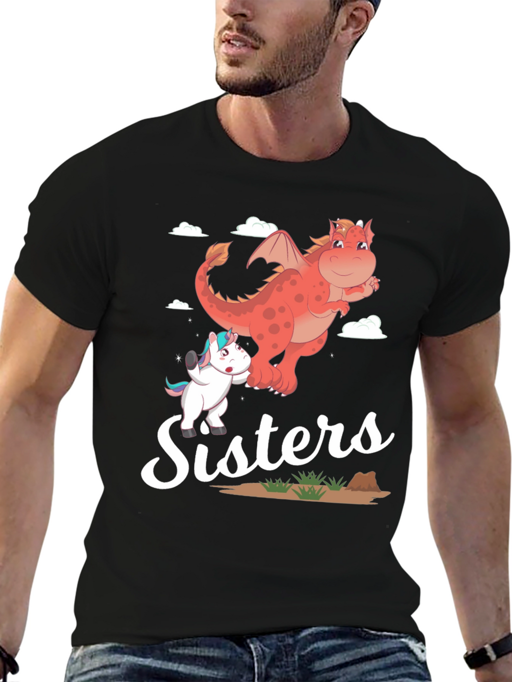 Sisters Unicorn and Dragon Cartoon T-Shirt