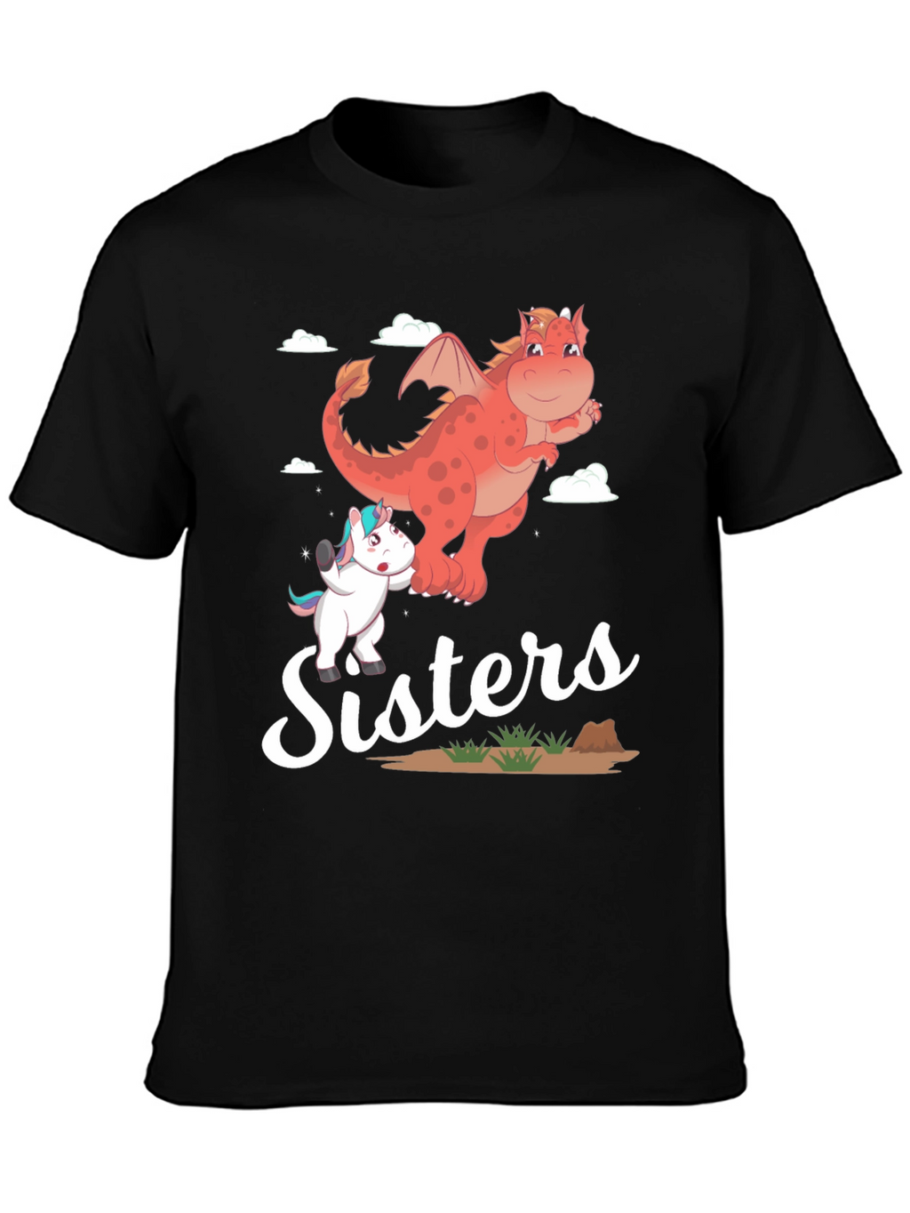 Sisters Unicorn and Dragon Cartoon T-Shirt