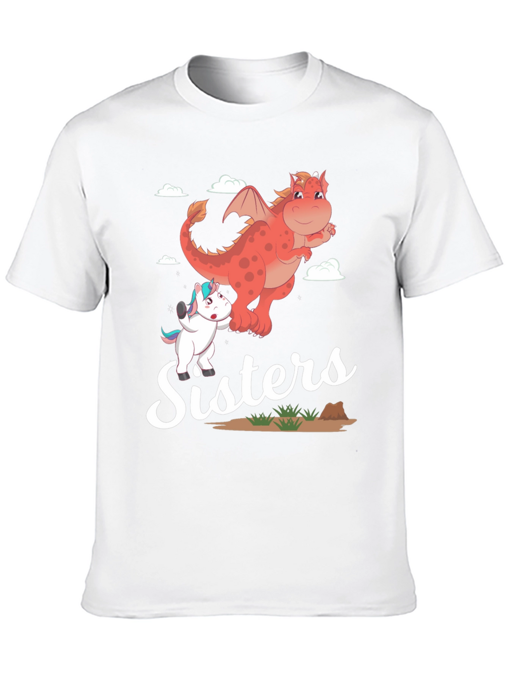 Sisters Unicorn and Dragon Cartoon T-Shirt