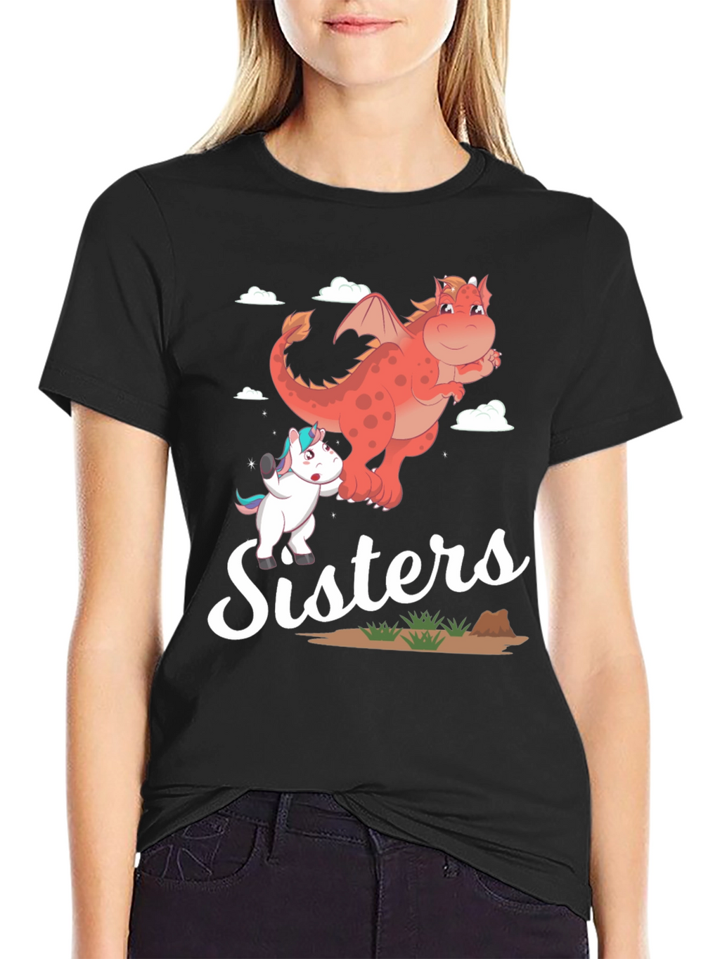 Sisters Unicorn and Dragon Cartoon T-Shirt