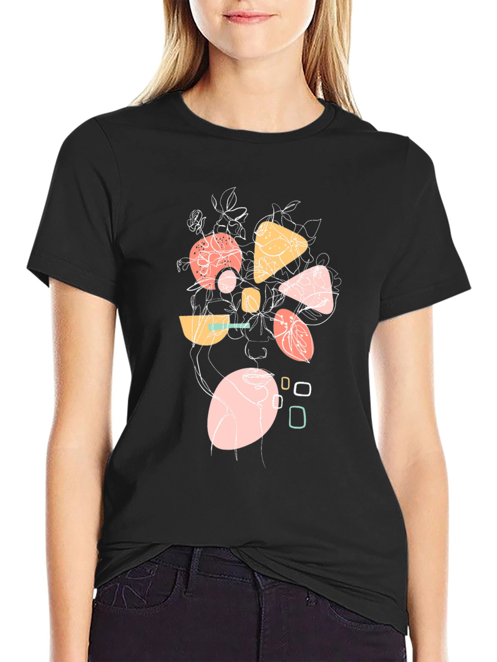 Abstract Geometric Floral Graphic Print Black T-Shirt
