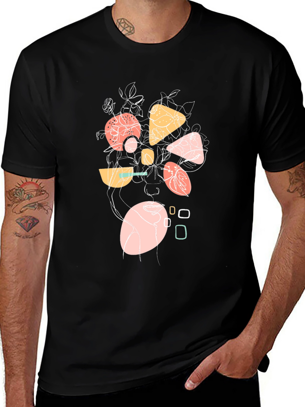 Abstract Geometric Floral Graphic Print Black T-Shirt