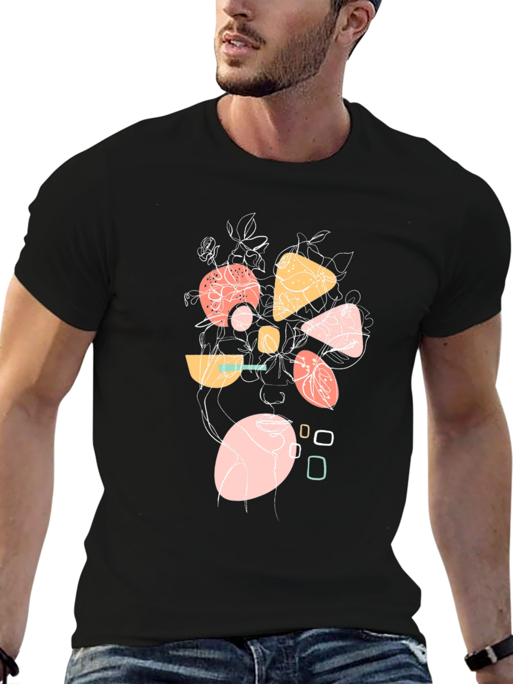 Abstract Geometric Floral Graphic Print Black T-Shirt