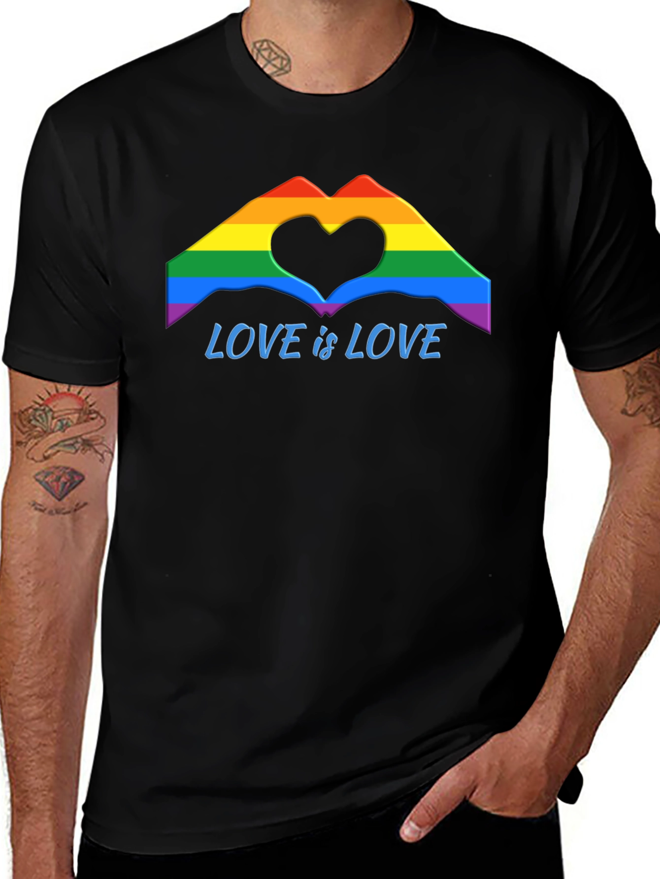 Love is Love Pride T-Shirt - Rainbow Heart Hands Graphic