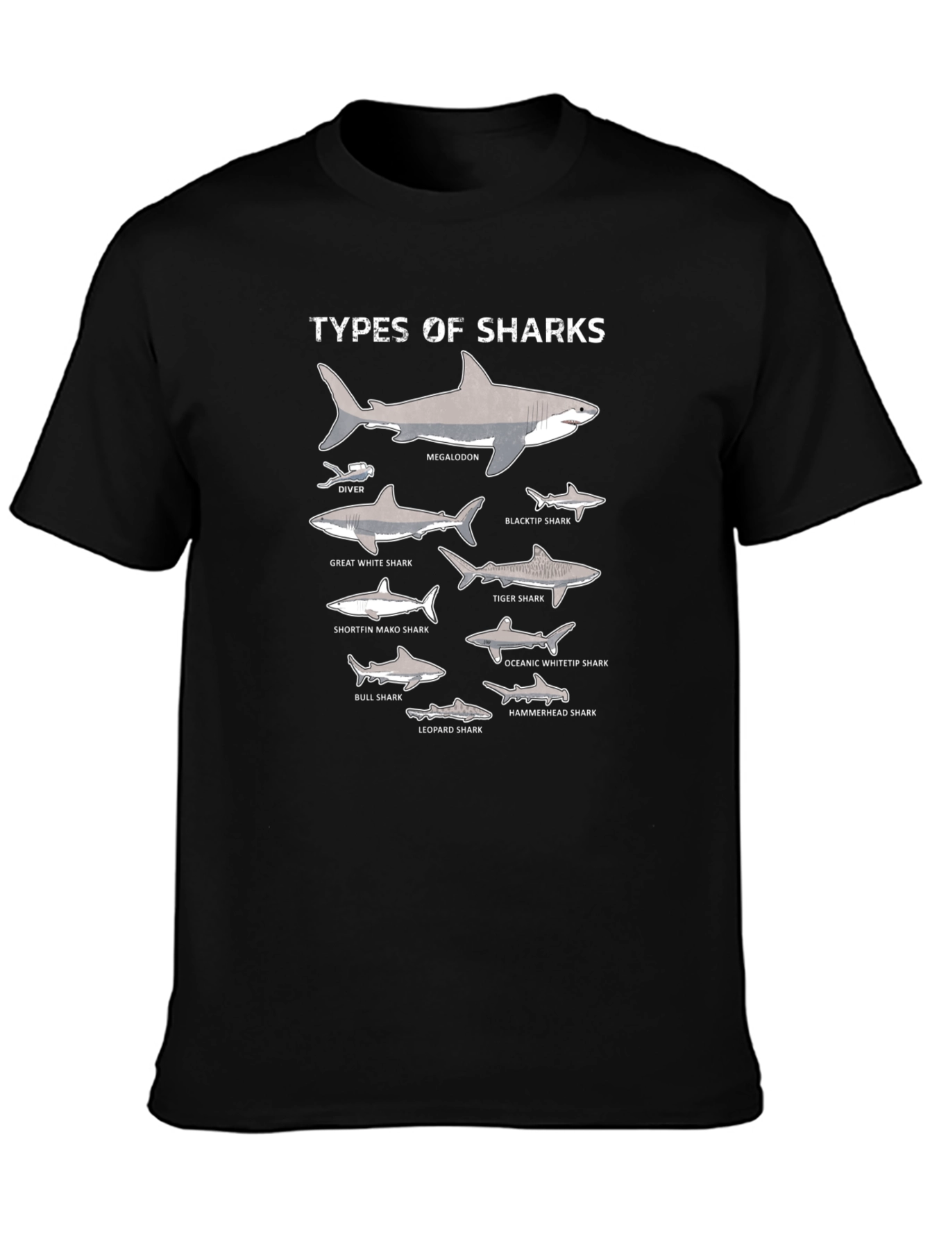 Types of Sharks Graphic Print Black T-Shirt