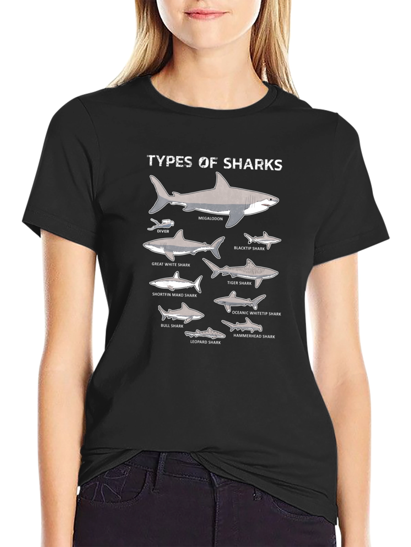 Types of Sharks Graphic Print Black T-Shirt
