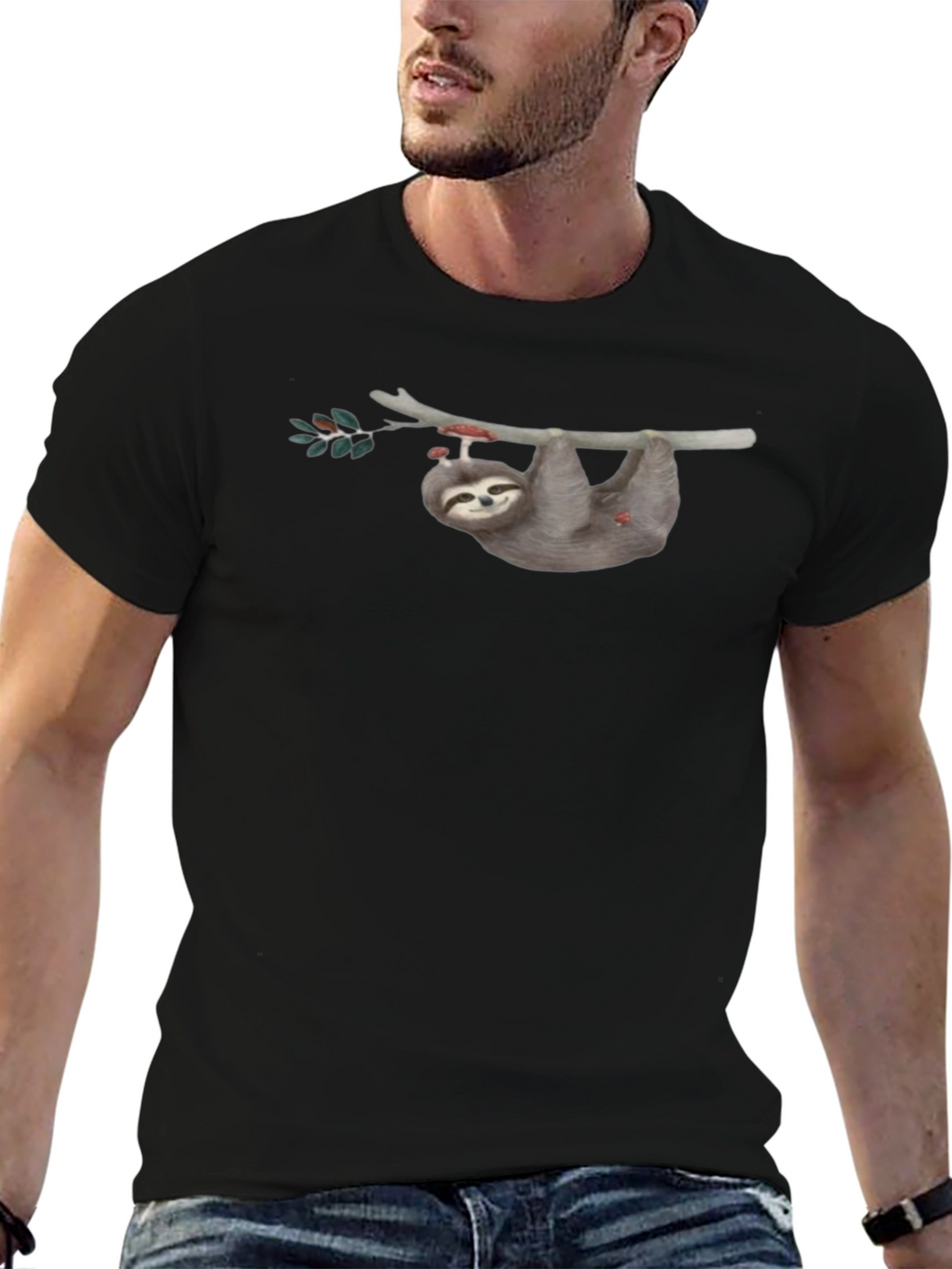 Sloth on Branch Graphic Tee - Mens Black T-Shirt