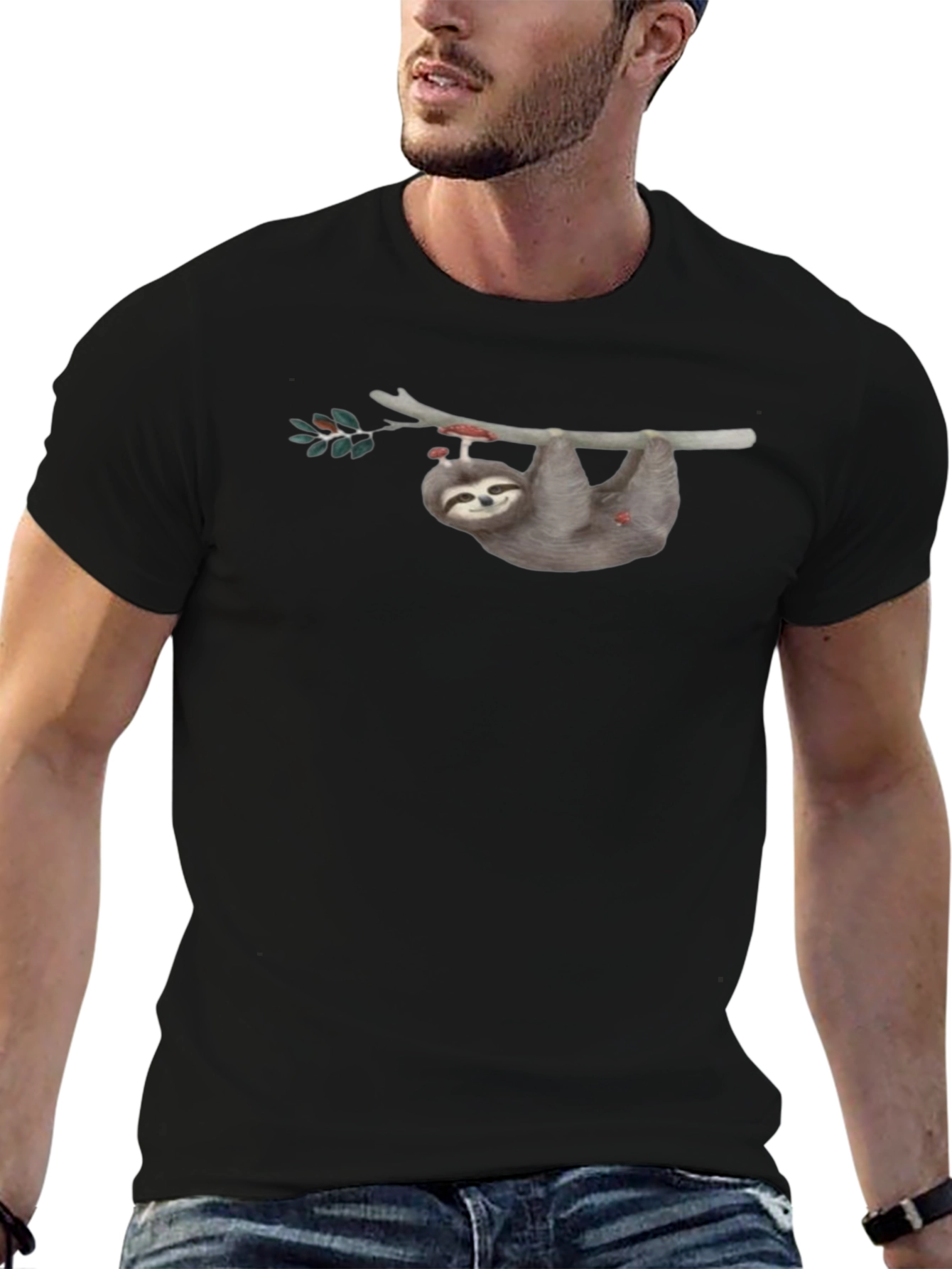 Sloth on Branch Graphic Tee - Mens Black T-Shirt