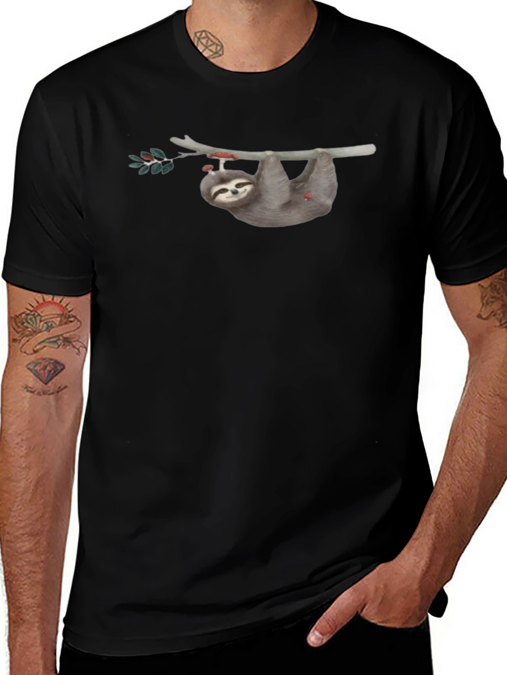 Sloth on Branch Graphic Tee - Mens Black T-Shirt