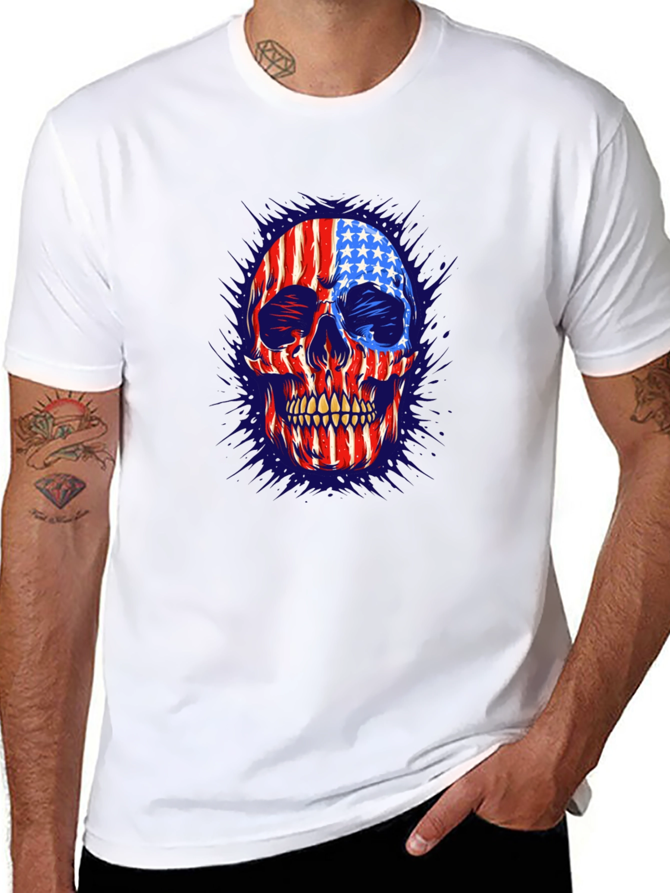 American Flag Skull Graphic Print Mens T-Shirt