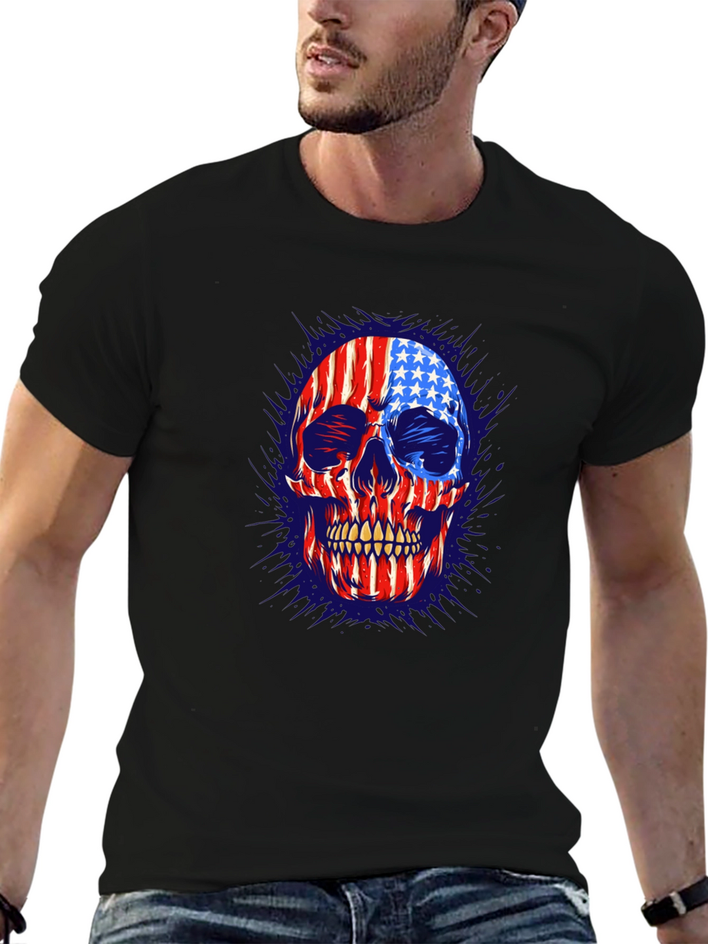 American Flag Skull Graphic Print Mens T-Shirt
