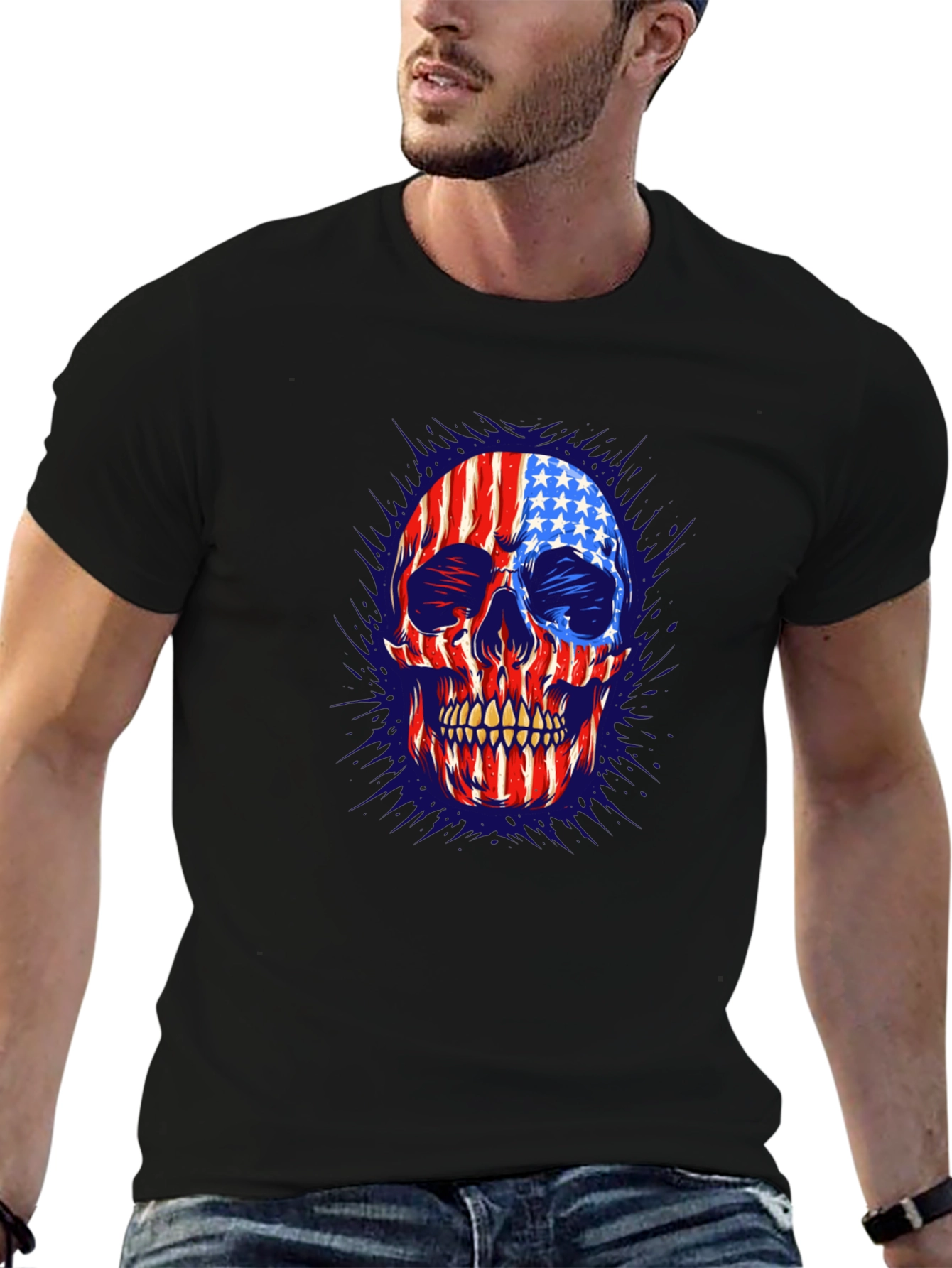 American Flag Skull Graphic Print Mens T-Shirt