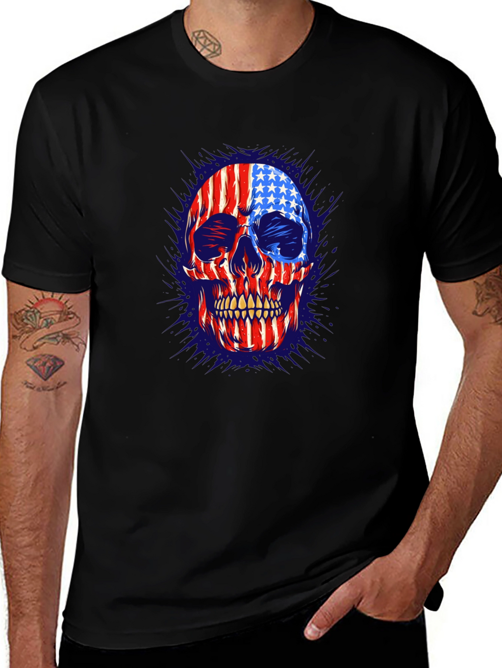 American Flag Skull Graphic Print Mens T-Shirt
