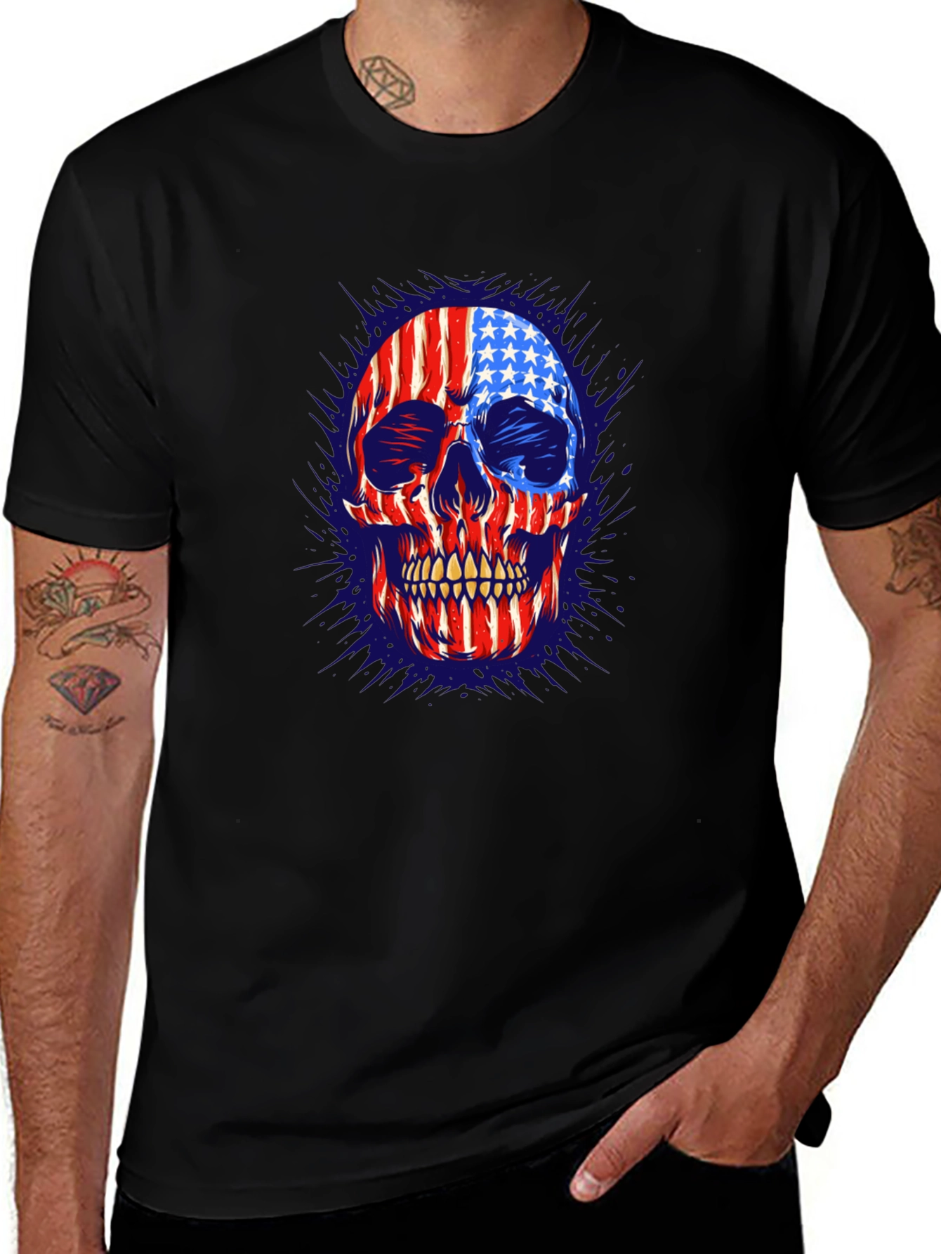 American Flag Skull Graphic Print Mens T-Shirt