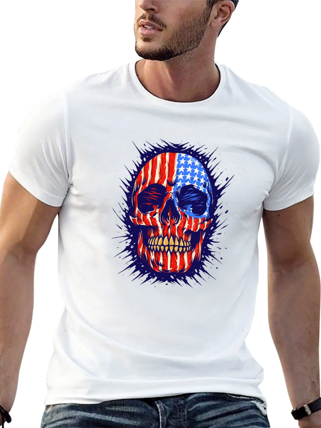 American Flag Skull Graphic Print Mens T-Shirt