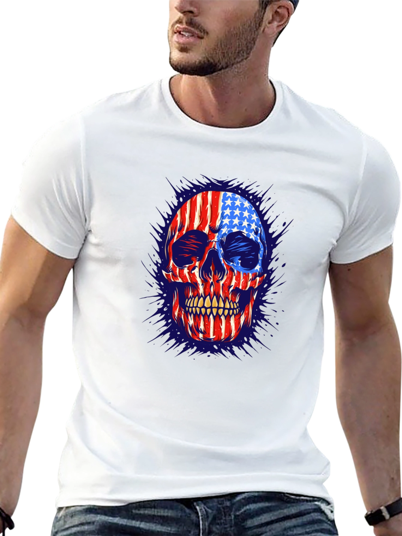 American Flag Skull Graphic Print Mens T-Shirt