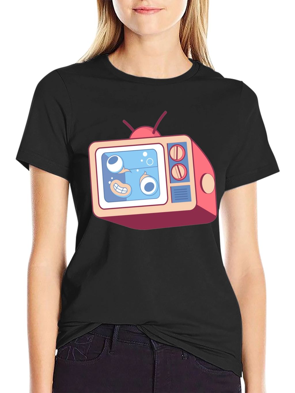 Cartoon TV Graphic Tee - Black Unisex T-Shirt