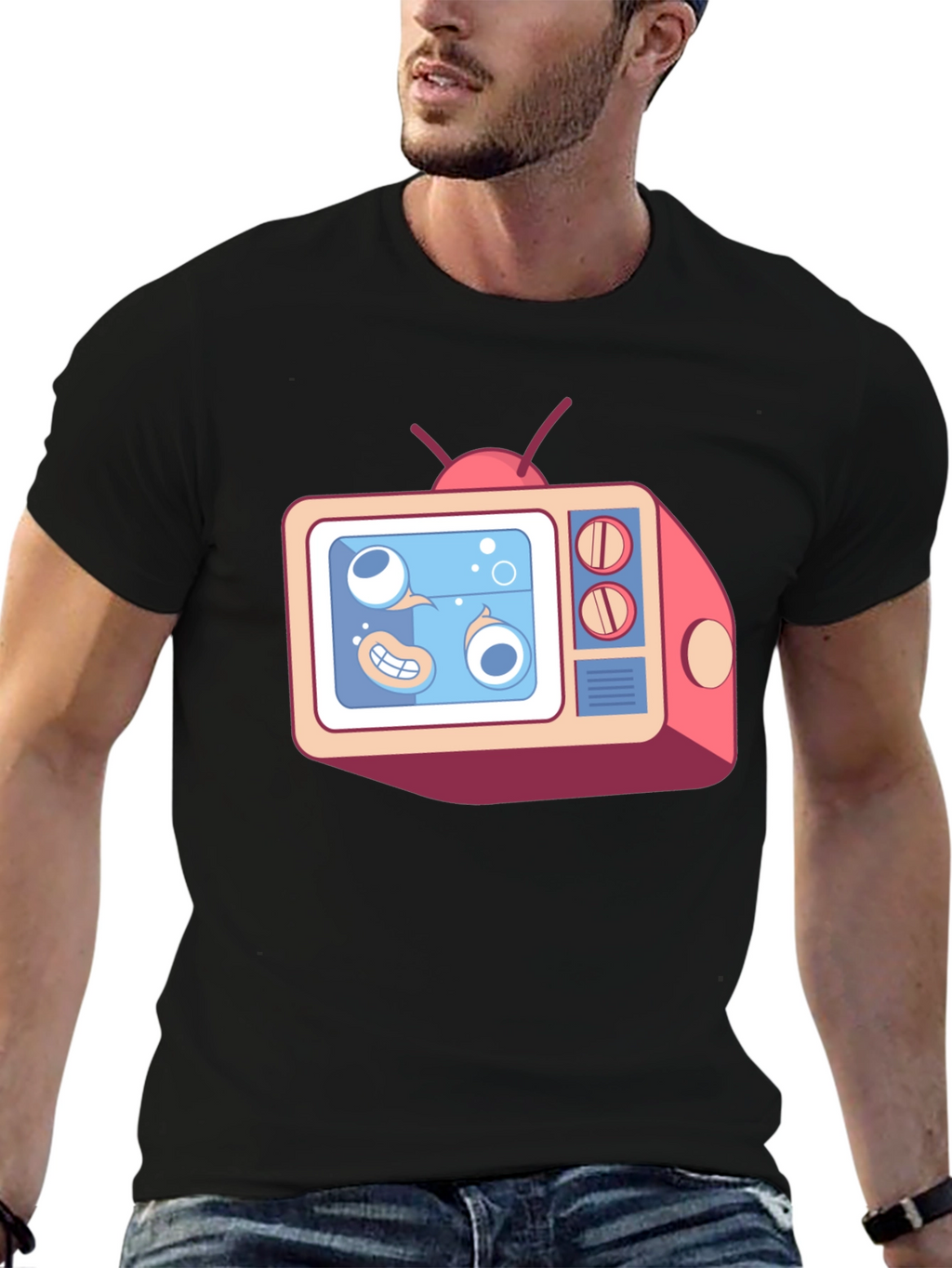 Cartoon TV Graphic Tee - Black Unisex T-Shirt
