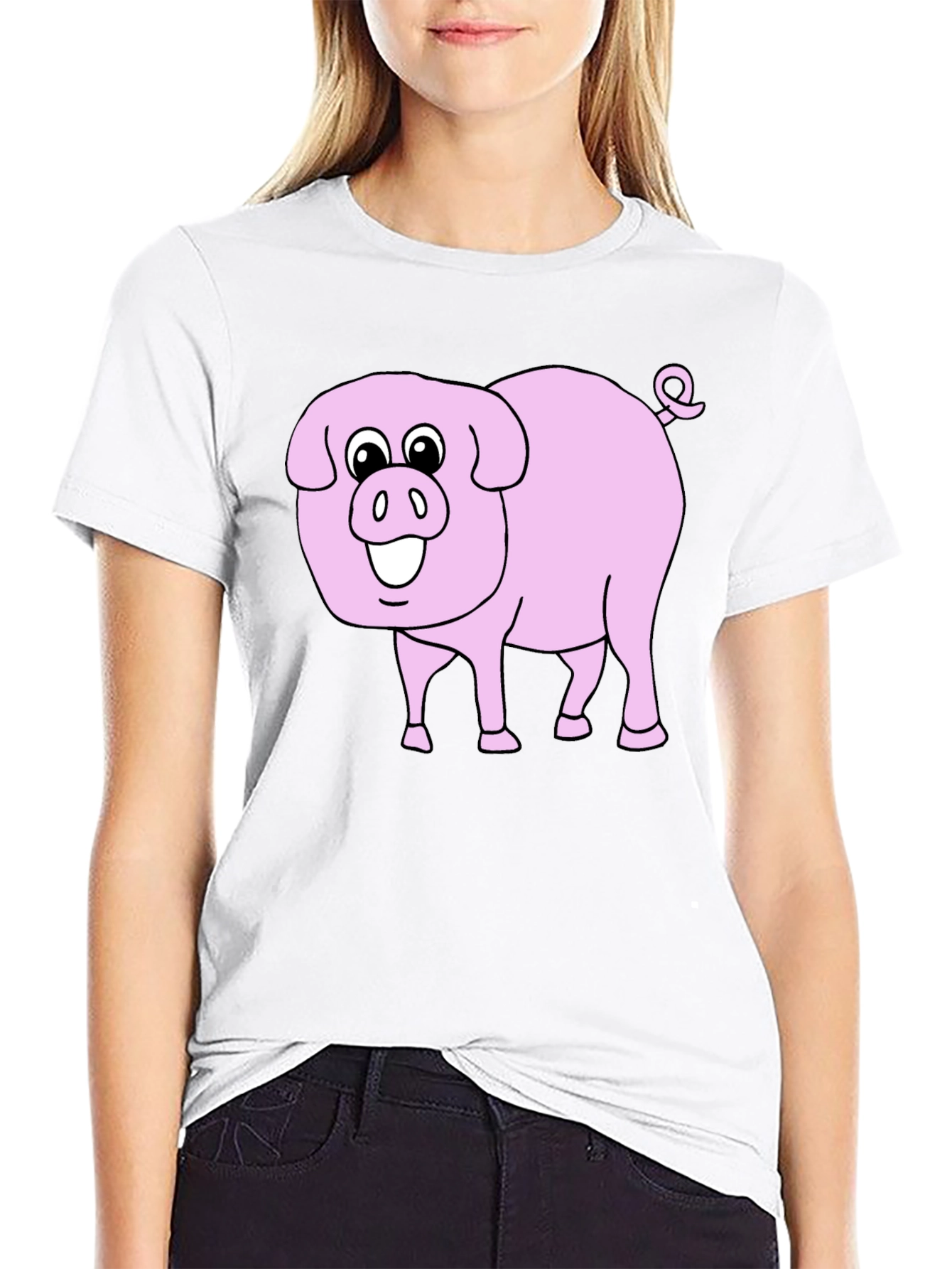 Cute Pig Graphic Tee - Black Cotton Blend