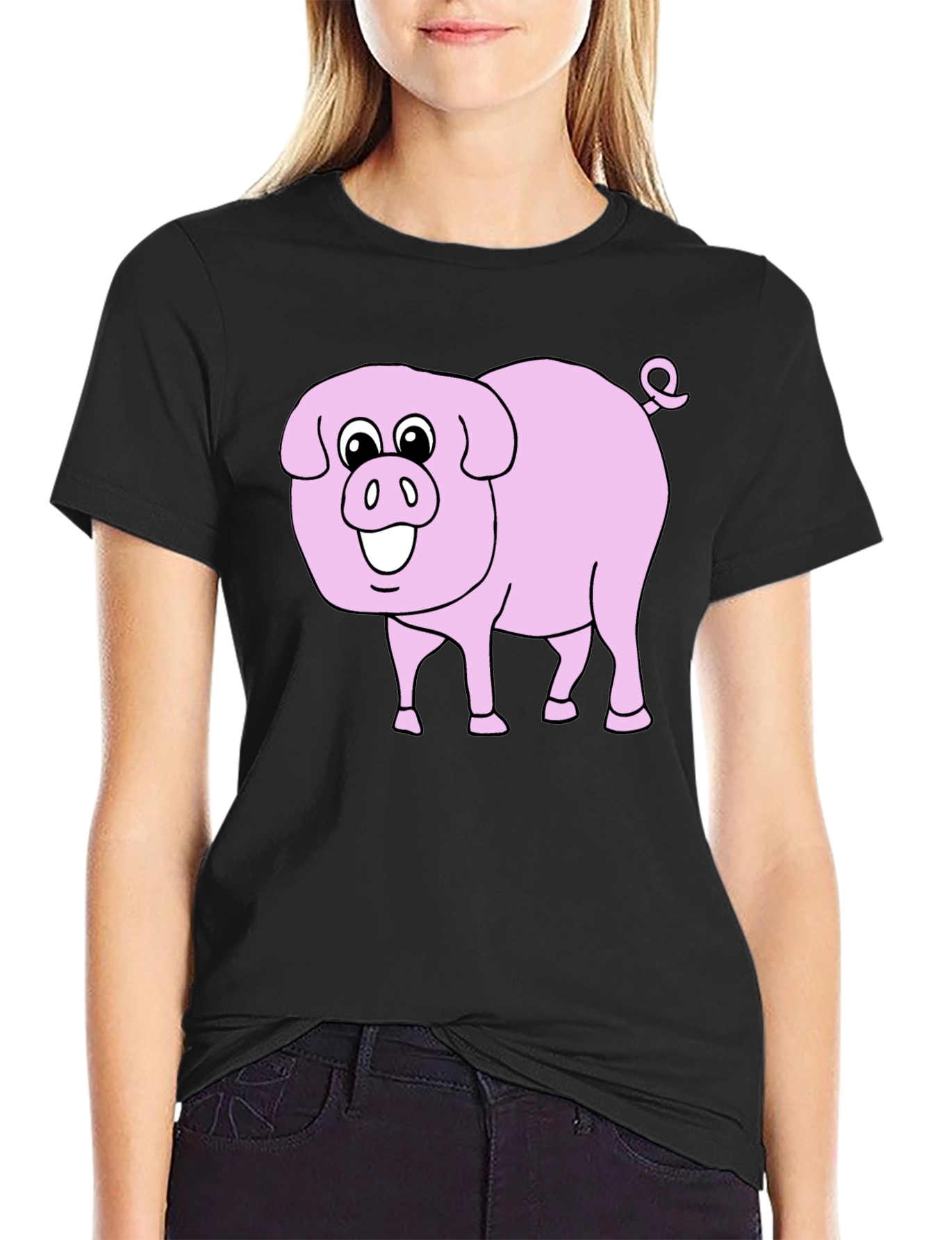 Cute Pig Graphic Tee - Black Cotton Blend