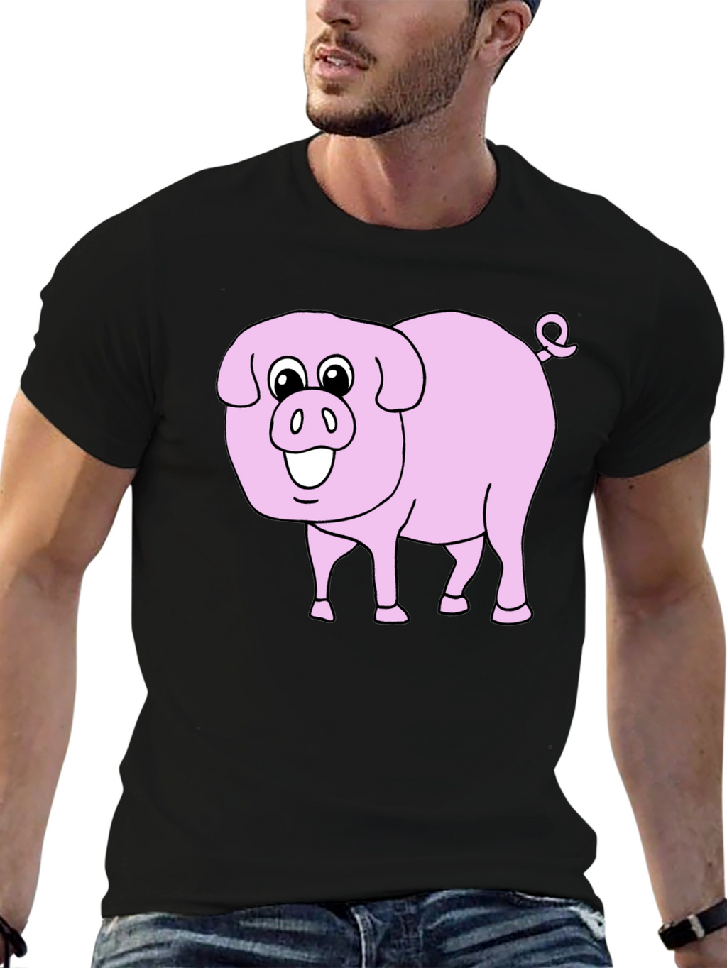 Cute Pig Graphic Tee - Black Cotton Blend
