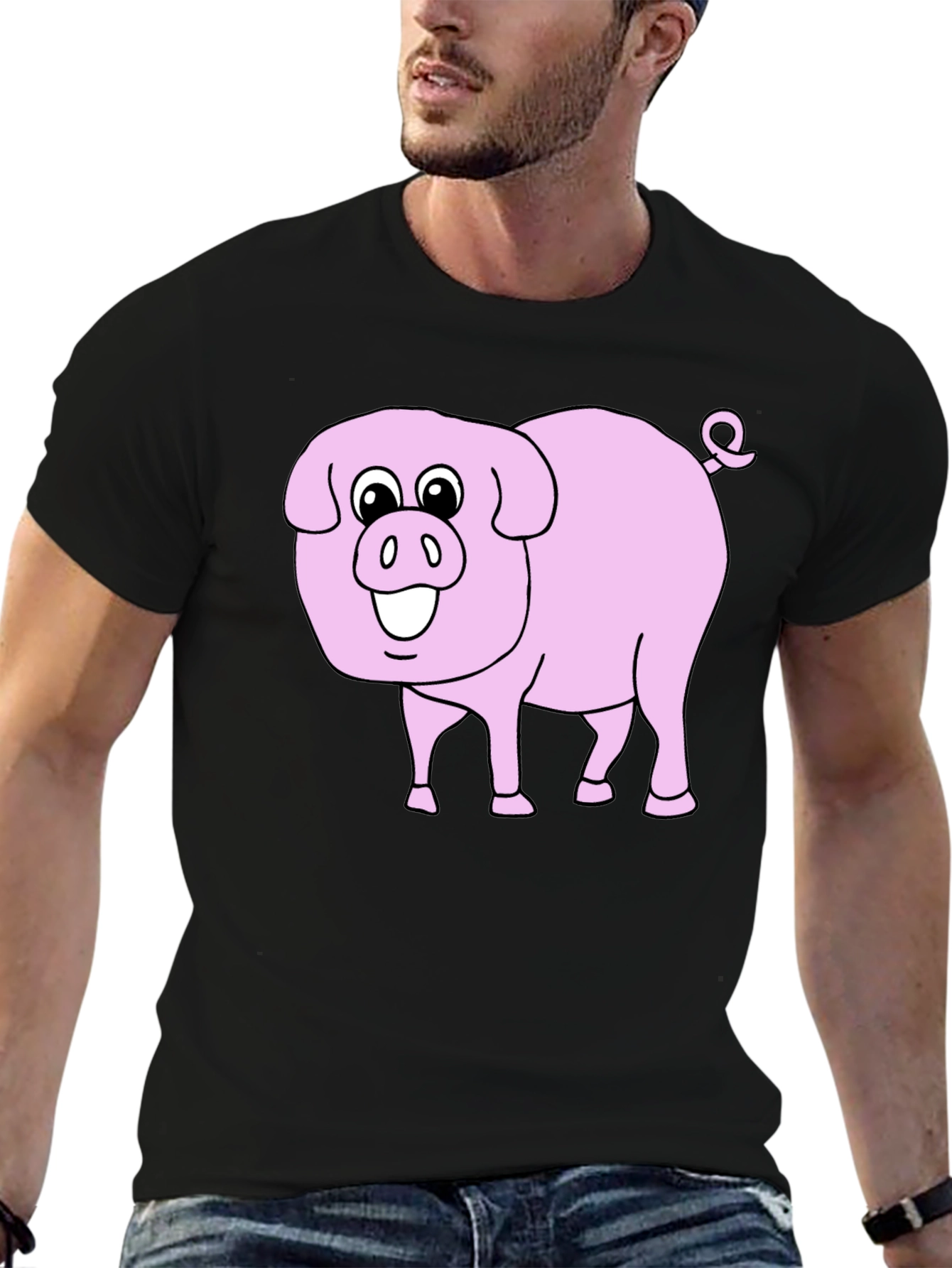Cute Pig Graphic Tee - Black Cotton Blend