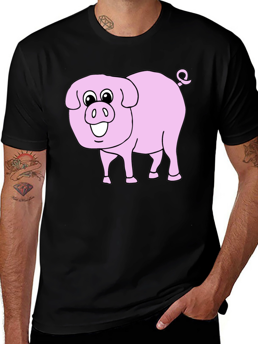 Cute Pig Graphic Tee - Black Cotton Blend