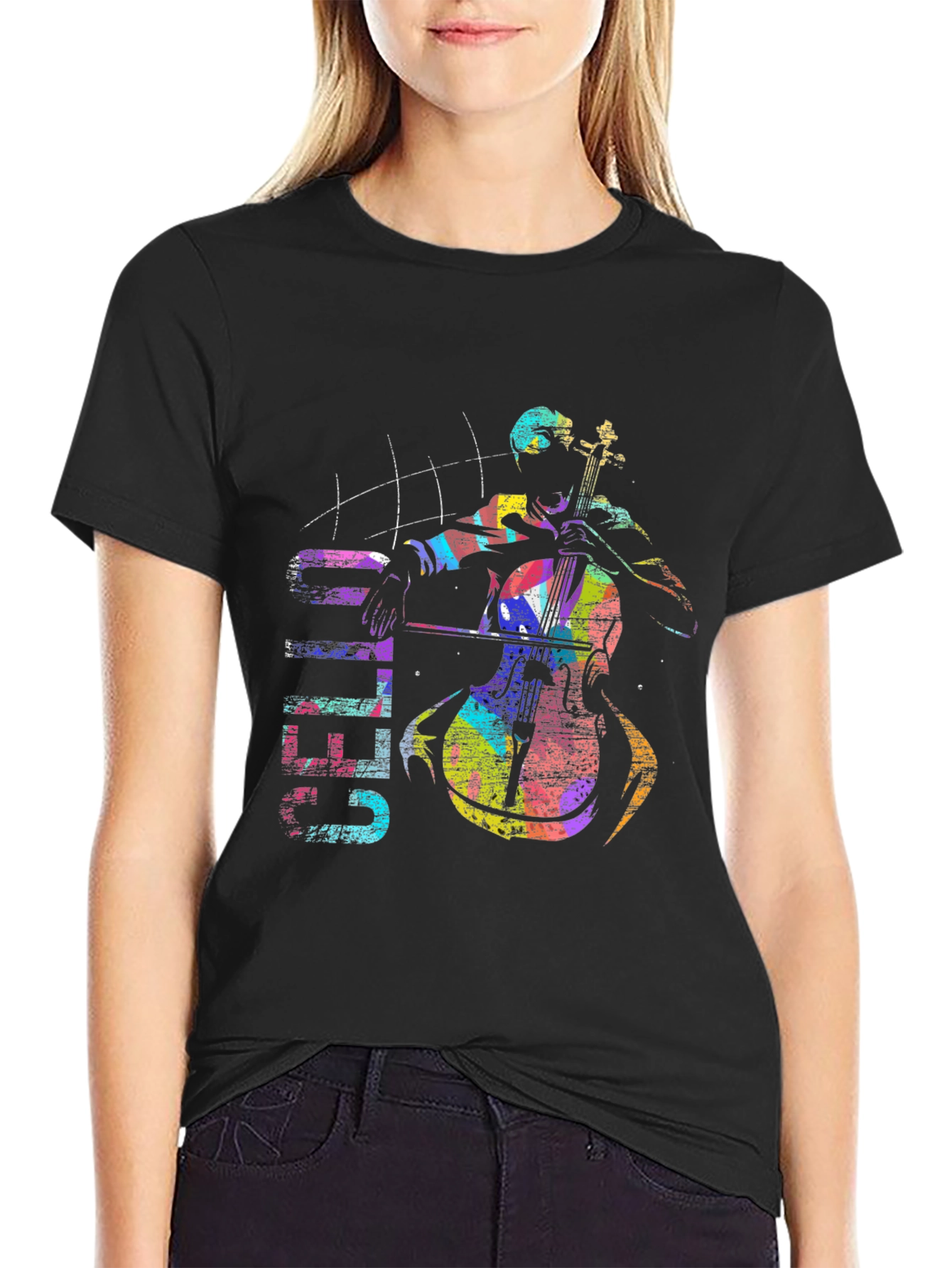Colorful Cello Player Graphic T-Shirt