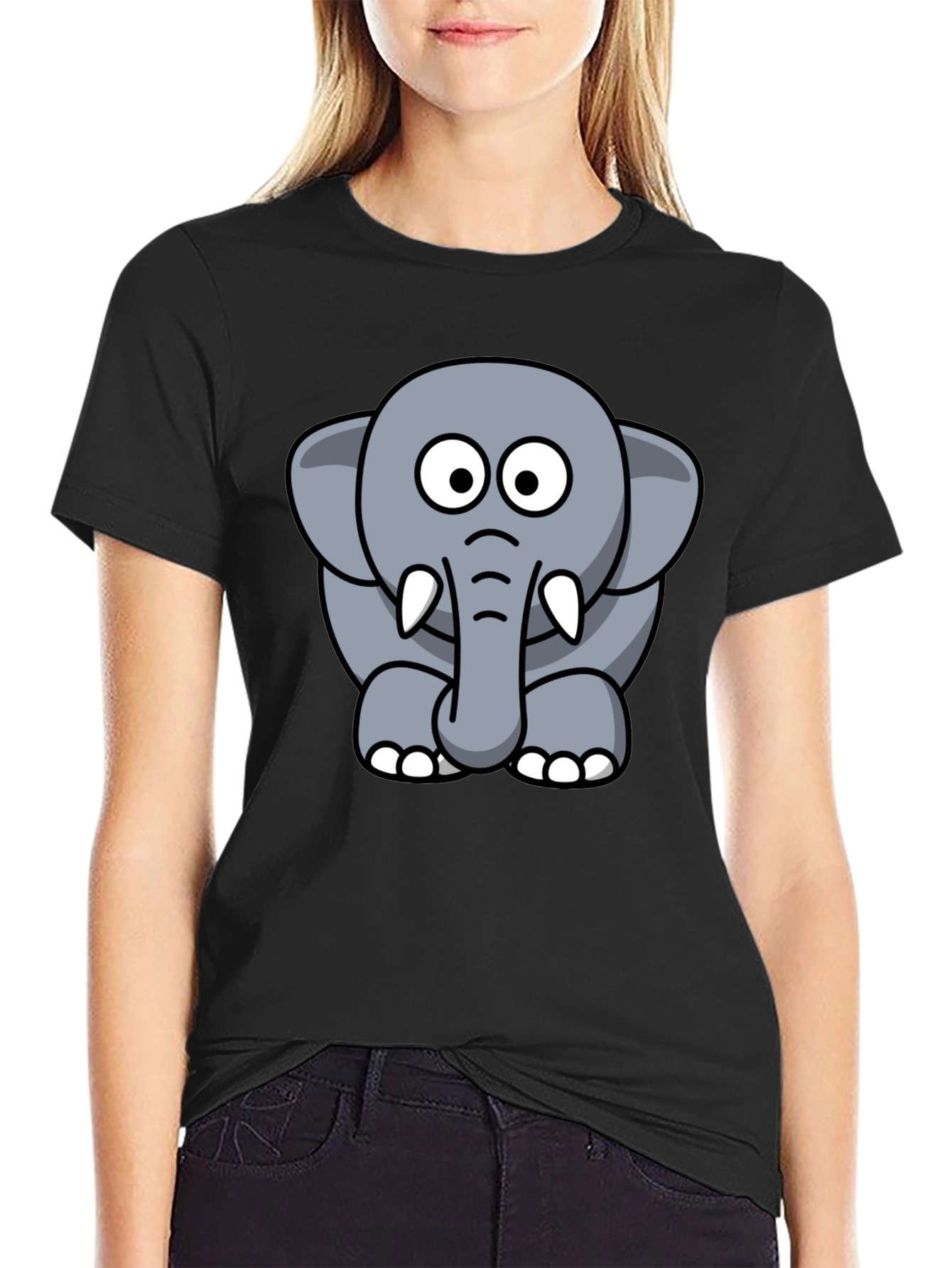 Cute Elephant Cartoon Graphic Tee - Black T-Shirt