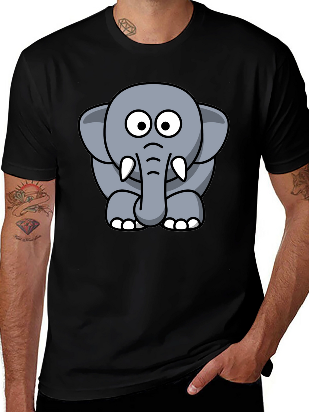 Cute Elephant Cartoon Graphic Tee - Black T-Shirt