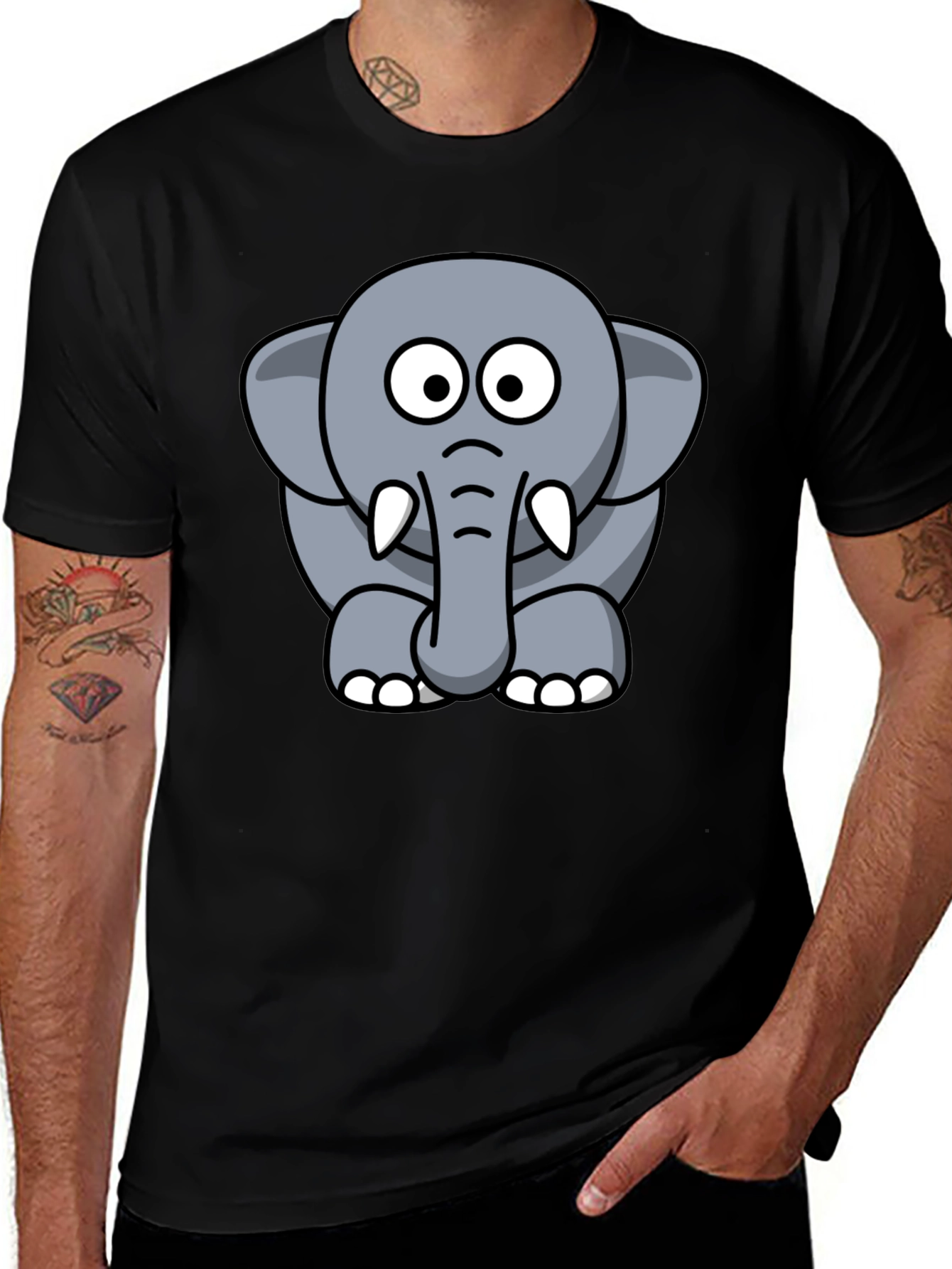 Cute Elephant Cartoon Graphic Tee - Black T-Shirt