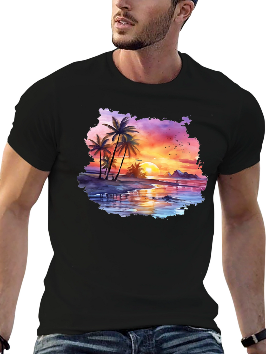 Tropical Sunset Palm Tree Graphic T-Shirt