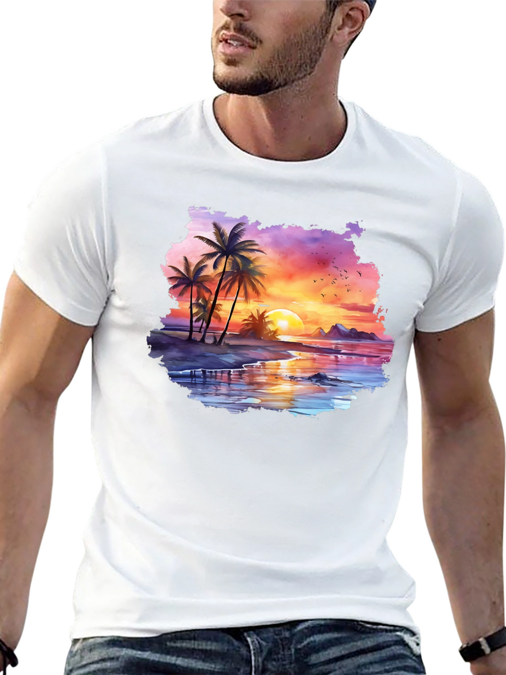 Tropical Sunset Palm Tree Graphic T-Shirt