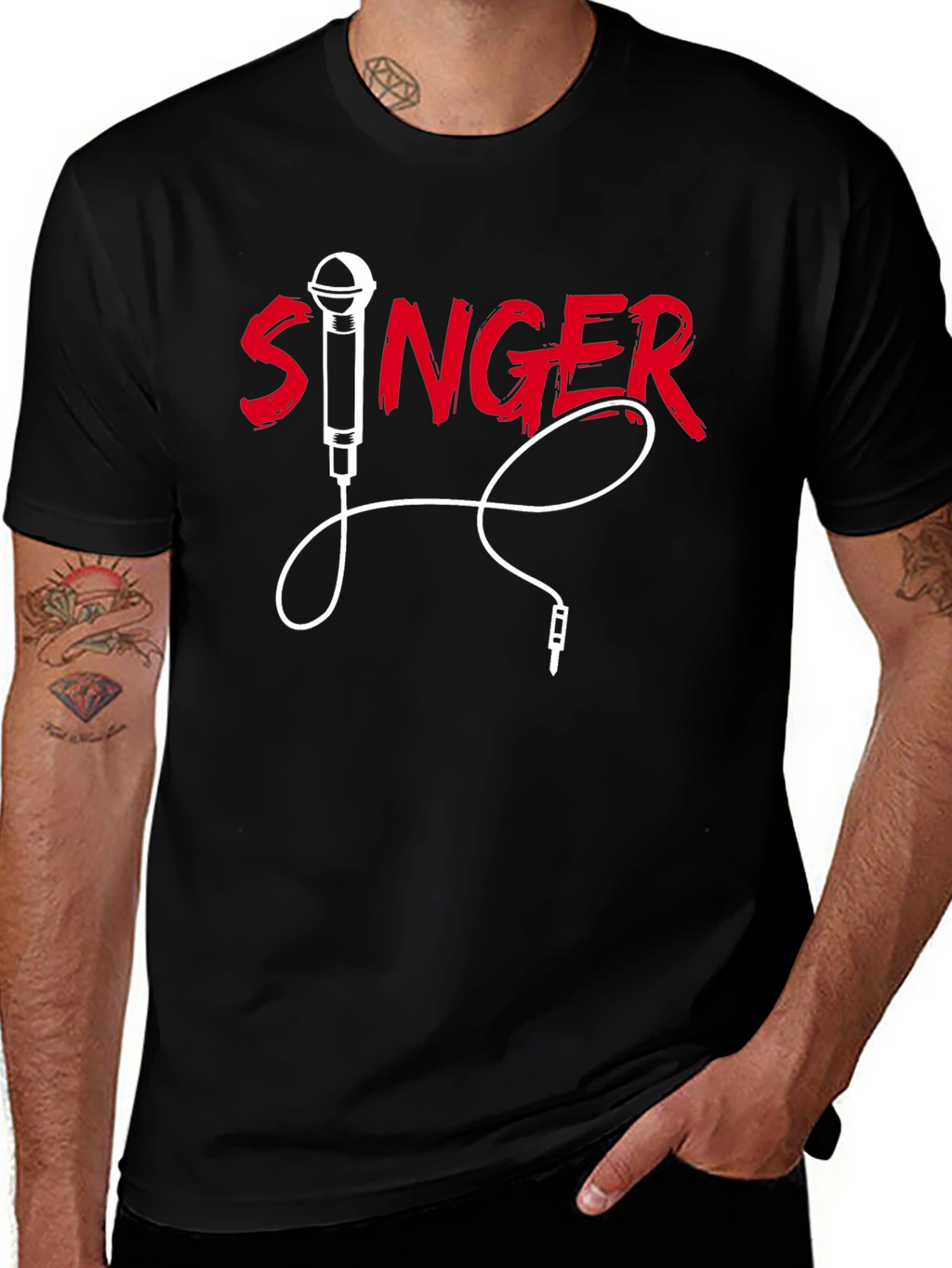 Singer Graphic Black T-Shirt Microphone Design