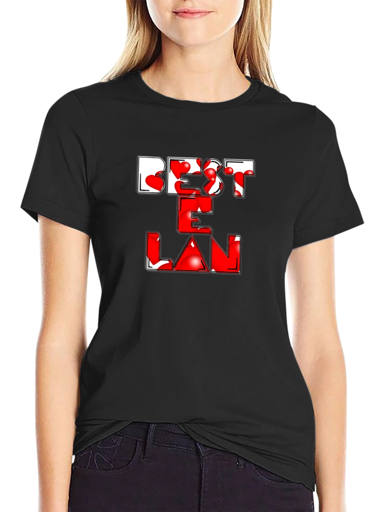Best E Lan Love Heart Graphic Black T-Shirt