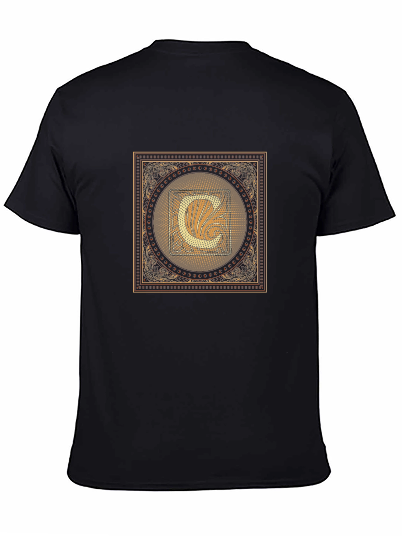 Ornate C Letter Graphic Tee - Casual Black T-Shirt