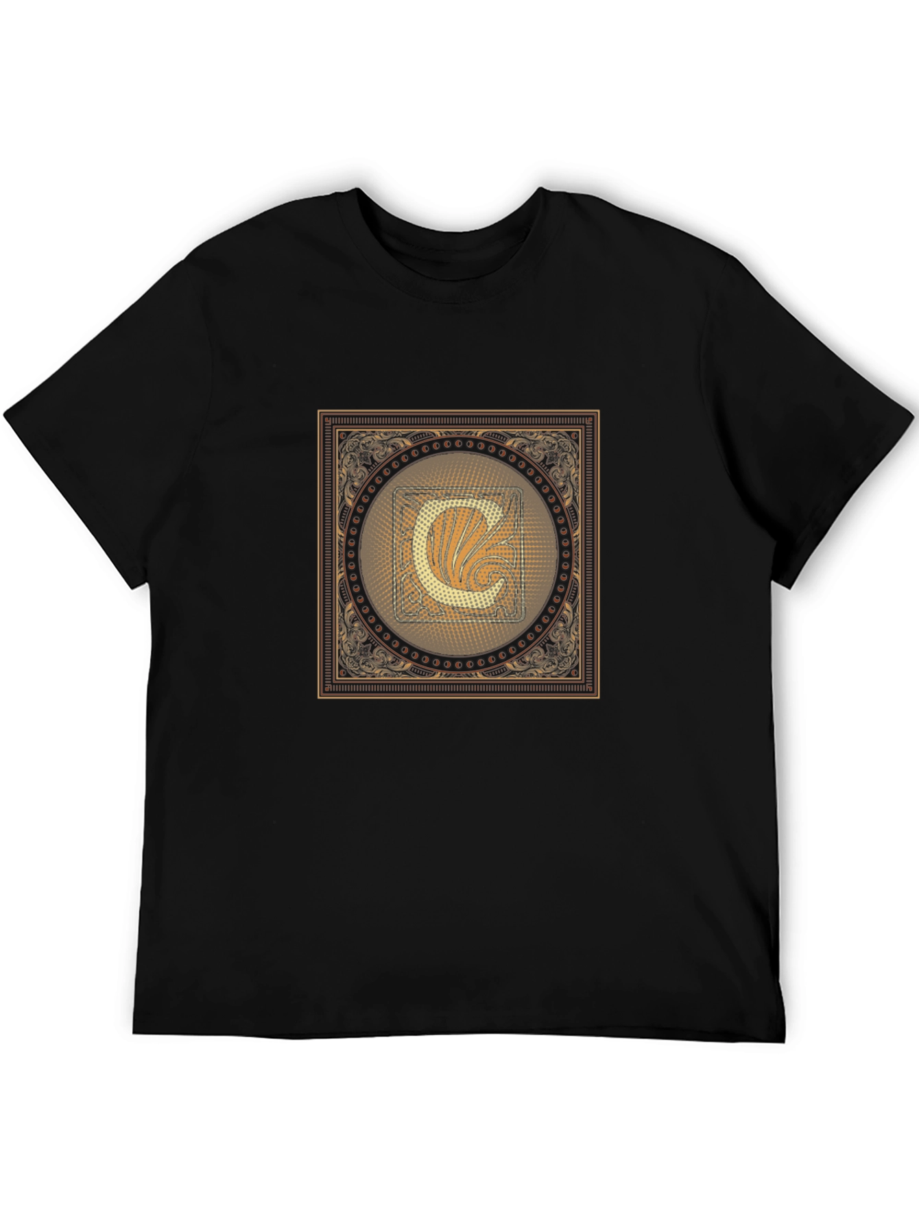 Ornate C Letter Graphic Tee - Casual Black T-Shirt