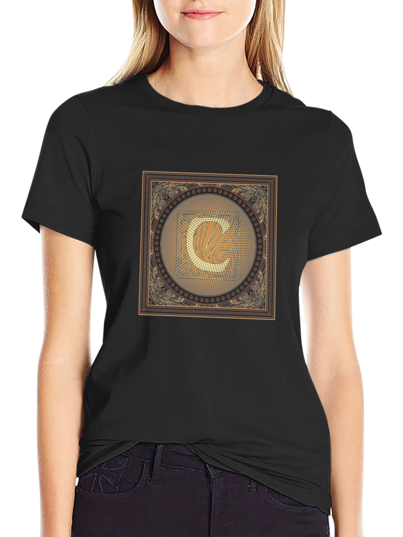 Ornate C Letter Graphic Tee - Casual Black T-Shirt