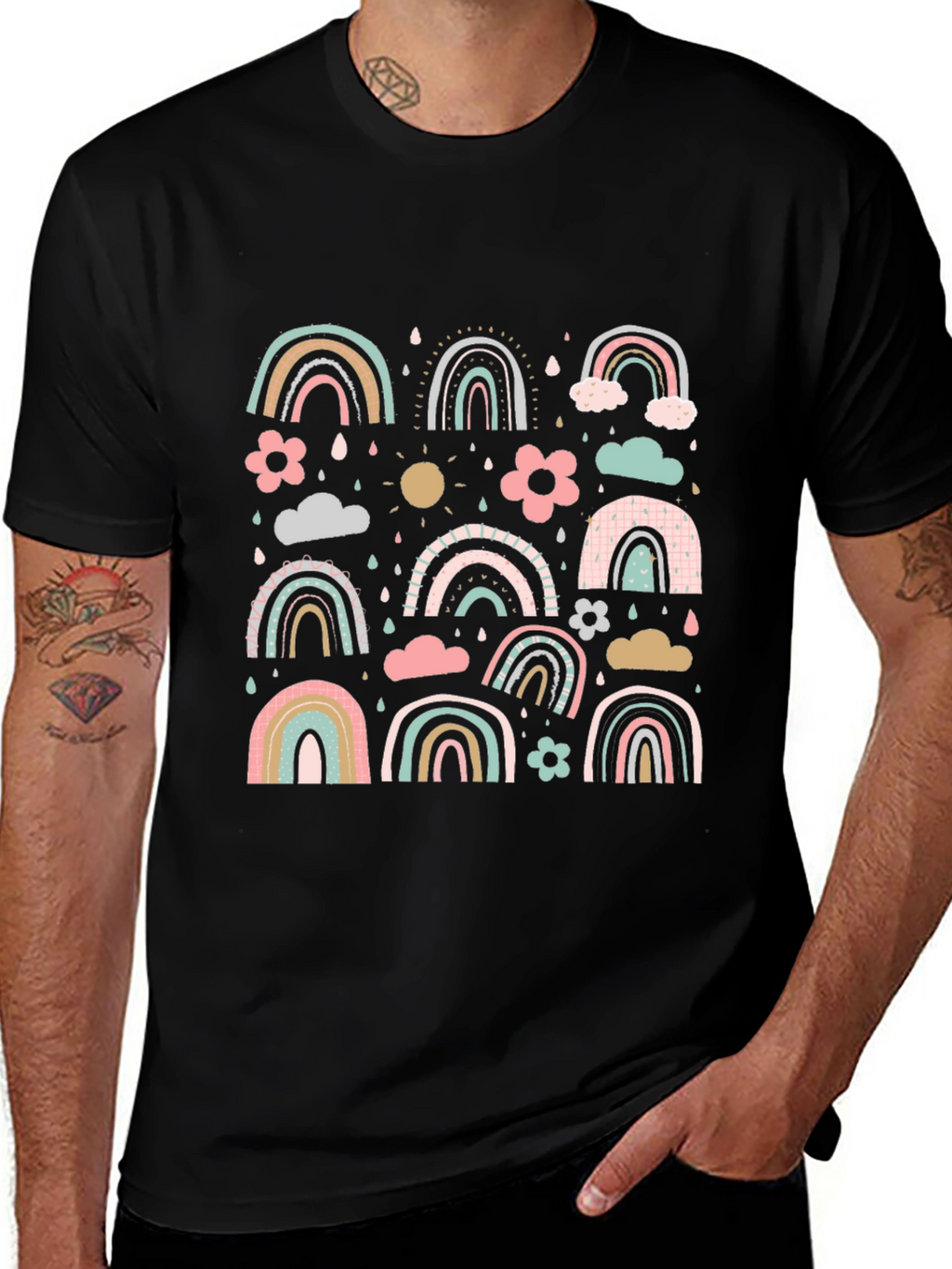 Pastel Rainbow Pattern Black T-Shirt