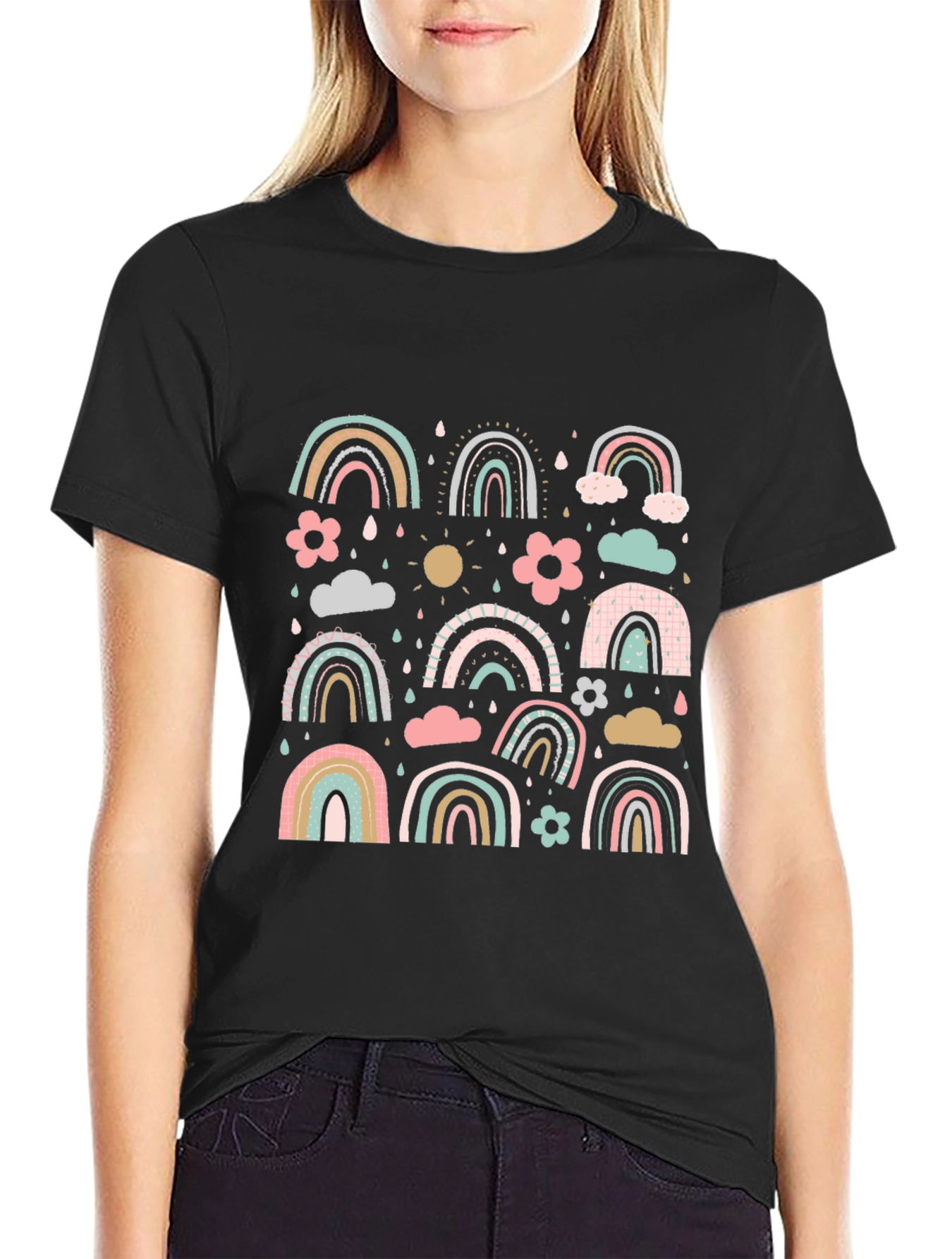 Pastel Rainbow Pattern Black T-Shirt