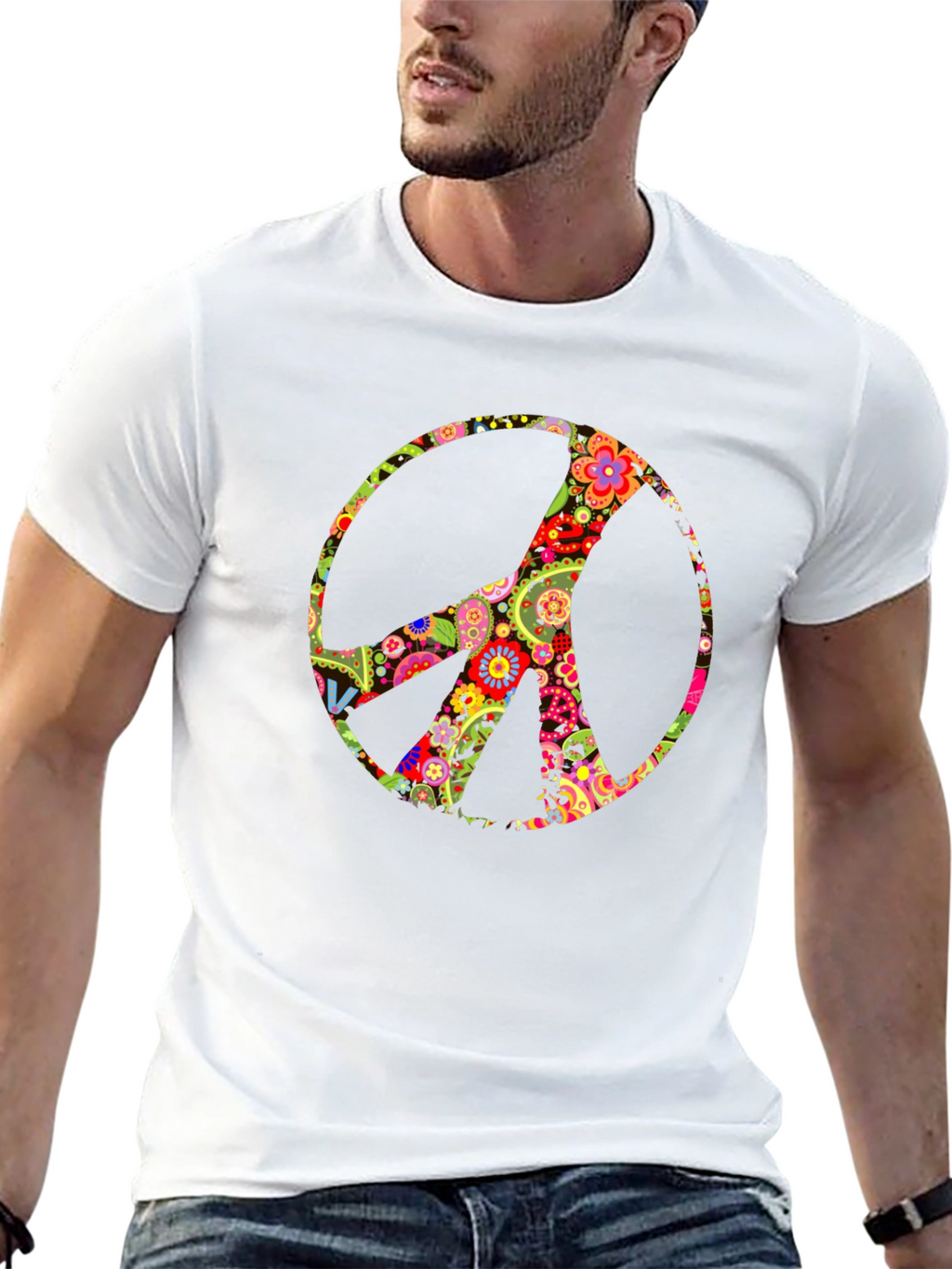 Floral Peace Sign Black T-Shirt