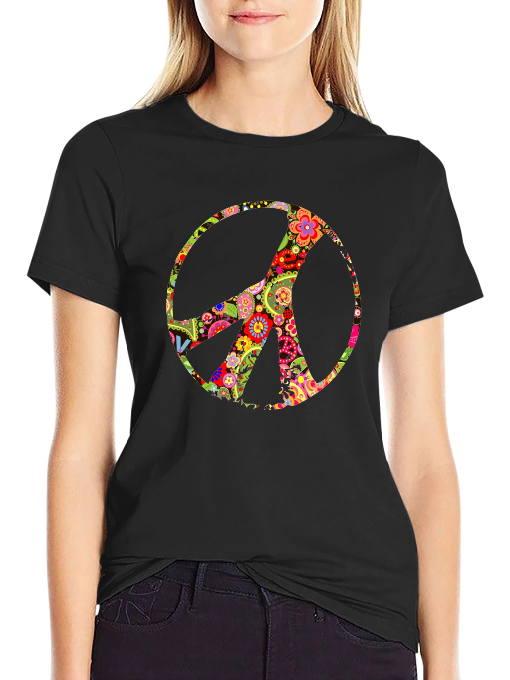 Floral Peace Sign Black T-Shirt