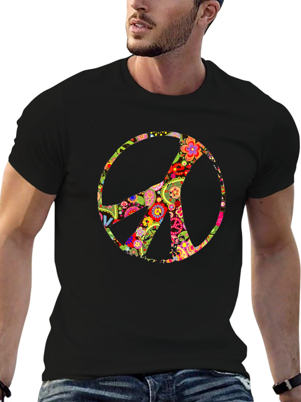 Floral Peace Sign Black T-Shirt