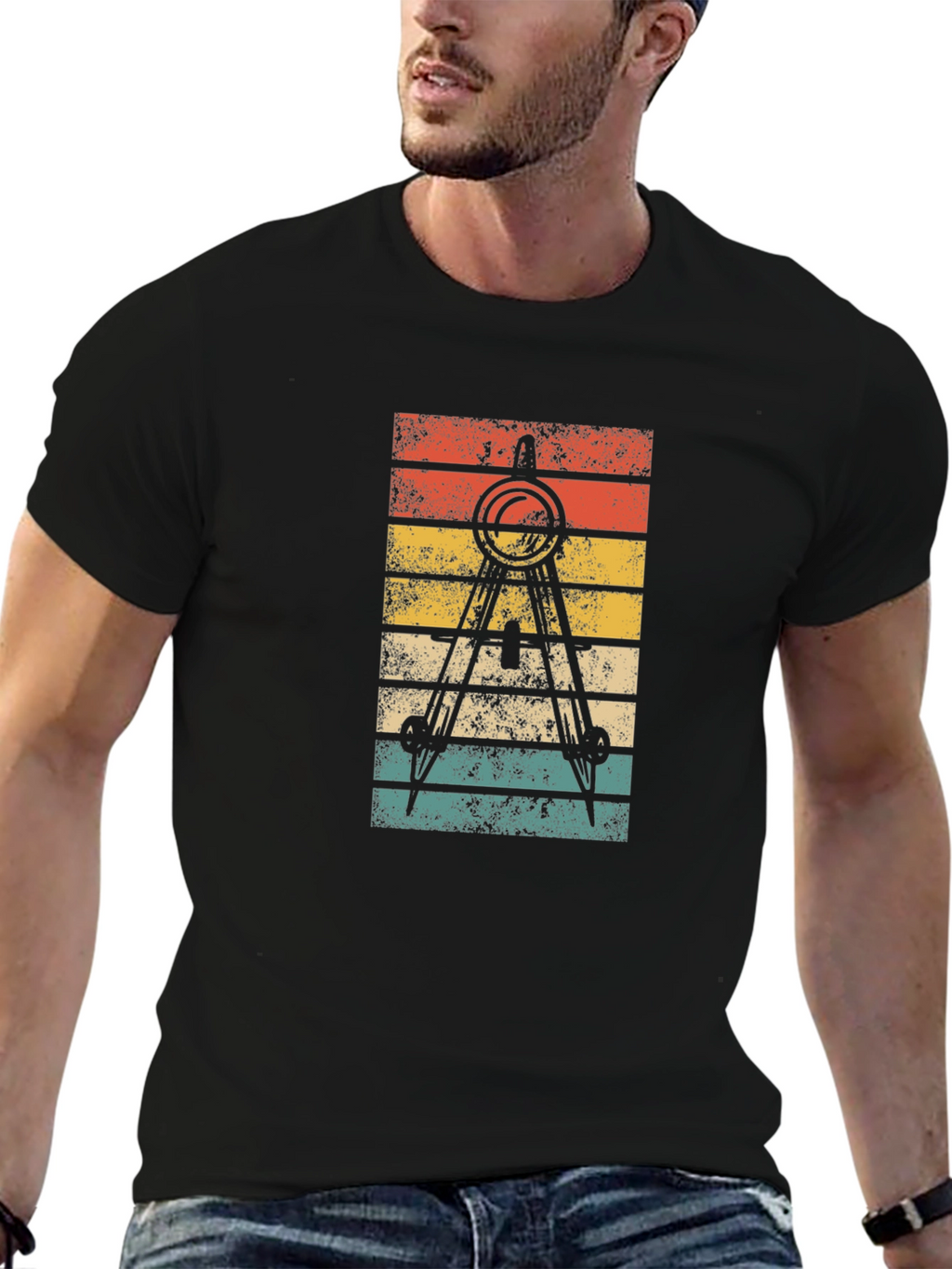 Retro Architect Compass T-Shirt - Black Cotton Tee
