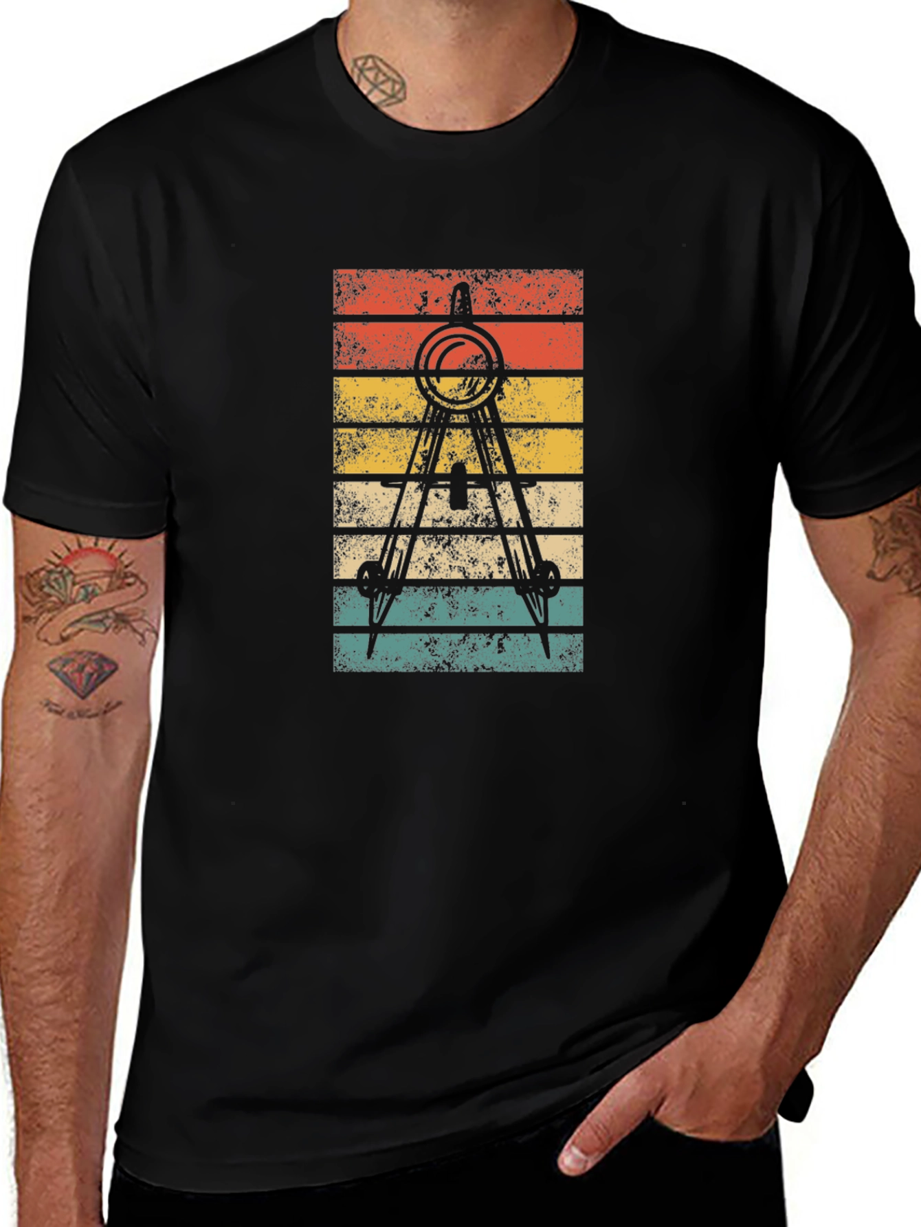 Retro Architect Compass T-Shirt - Black Cotton Tee
