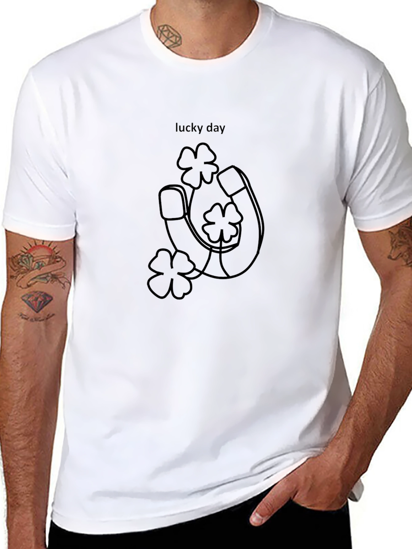 Lucky Day Black T-Shirt with Horseshoe & Clover Design