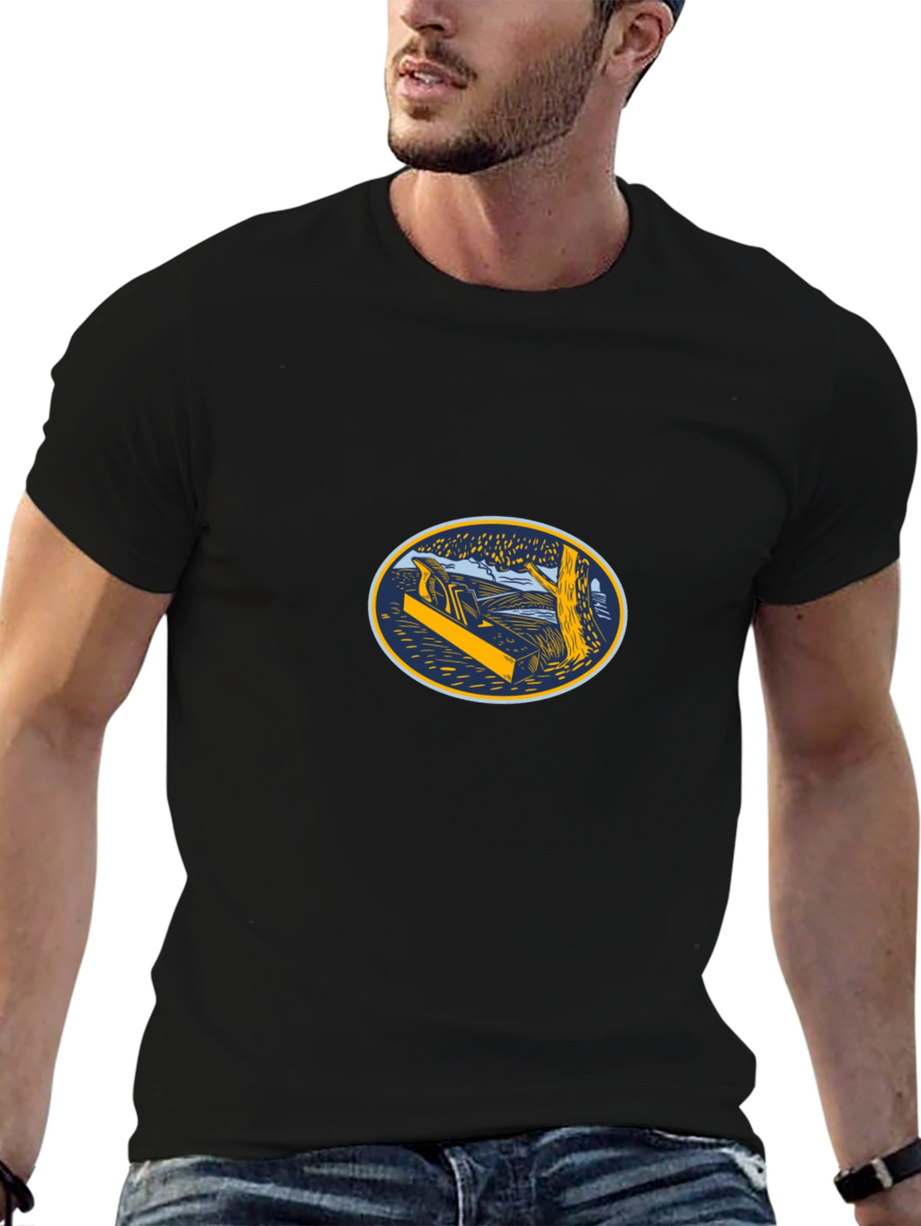 Black T-Shirt with Woodworking Graphic