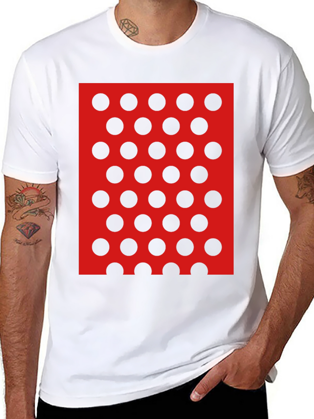 Black Tee with Red and Black Polka Dot Design