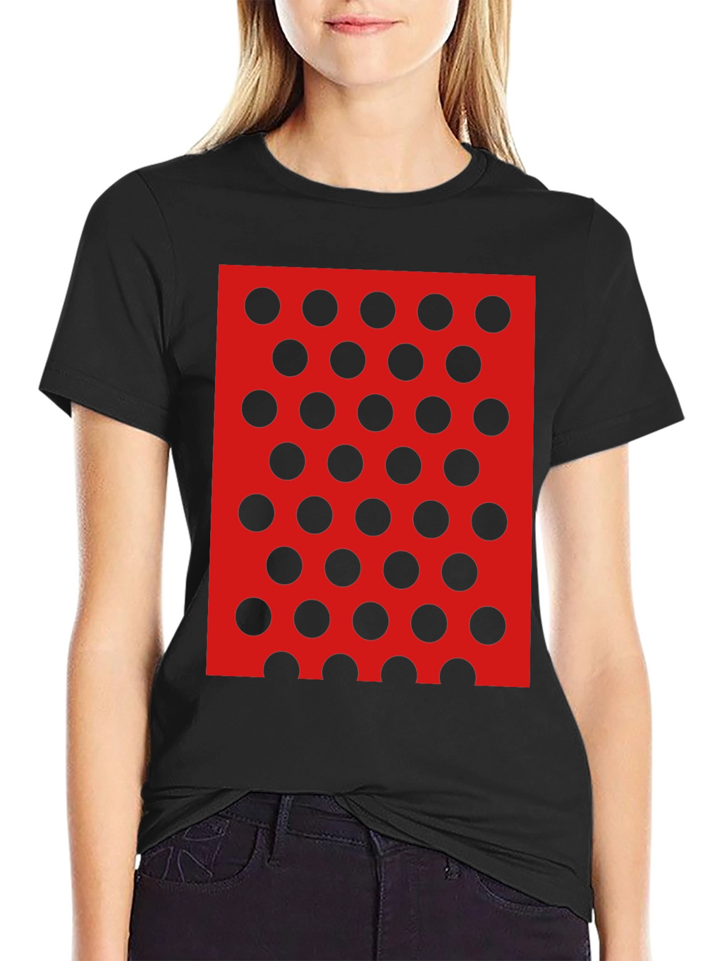 Black Tee with Red and Black Polka Dot Design
